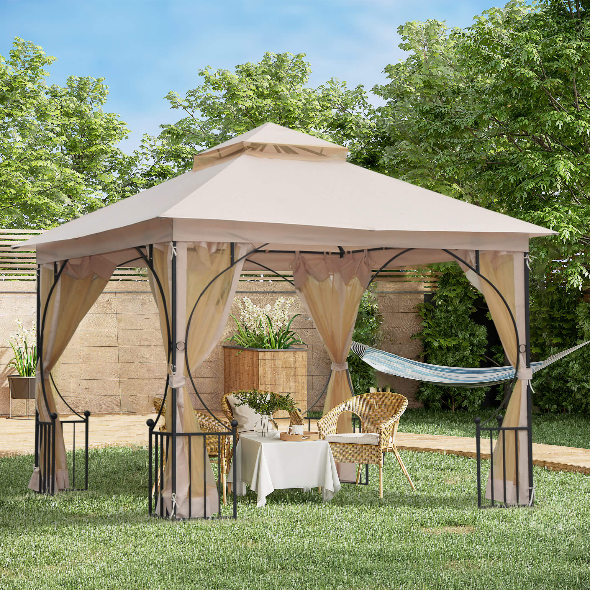 Outsunny 3 x 3(m) Garden Gazebo Patio Party Tent Shelter Outdoor Canopy Double Tier Sun Shade Metal Frame Netting Beige - North Peak Garden Furniture