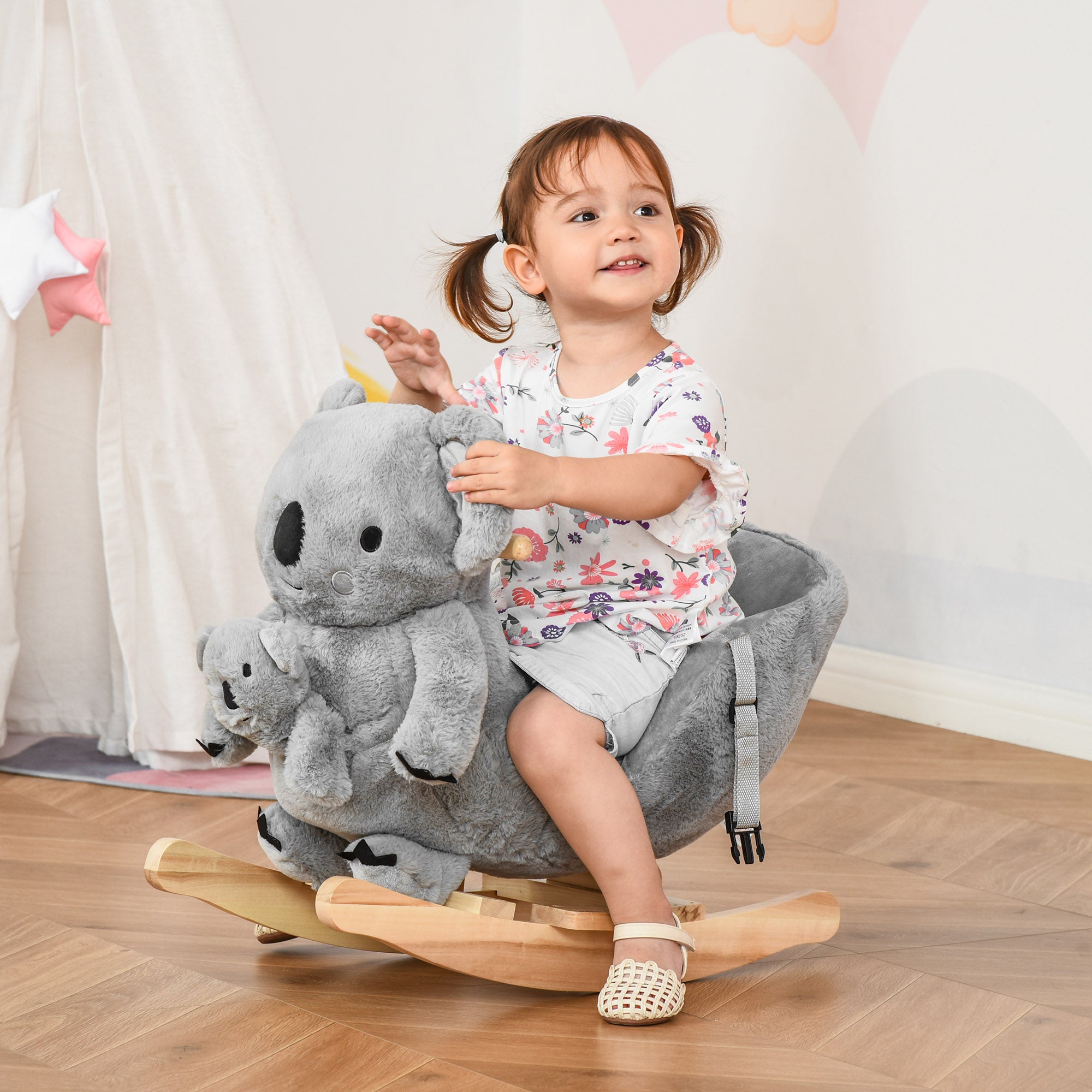 HOMCOM Kids Toddler Rocking Horse Plush Ride On Koala Rocker Wooden Base Seat Safety Belt w/ Gloved Doll Toy for 18-36 Months Grey - North Peak Garden Furniture