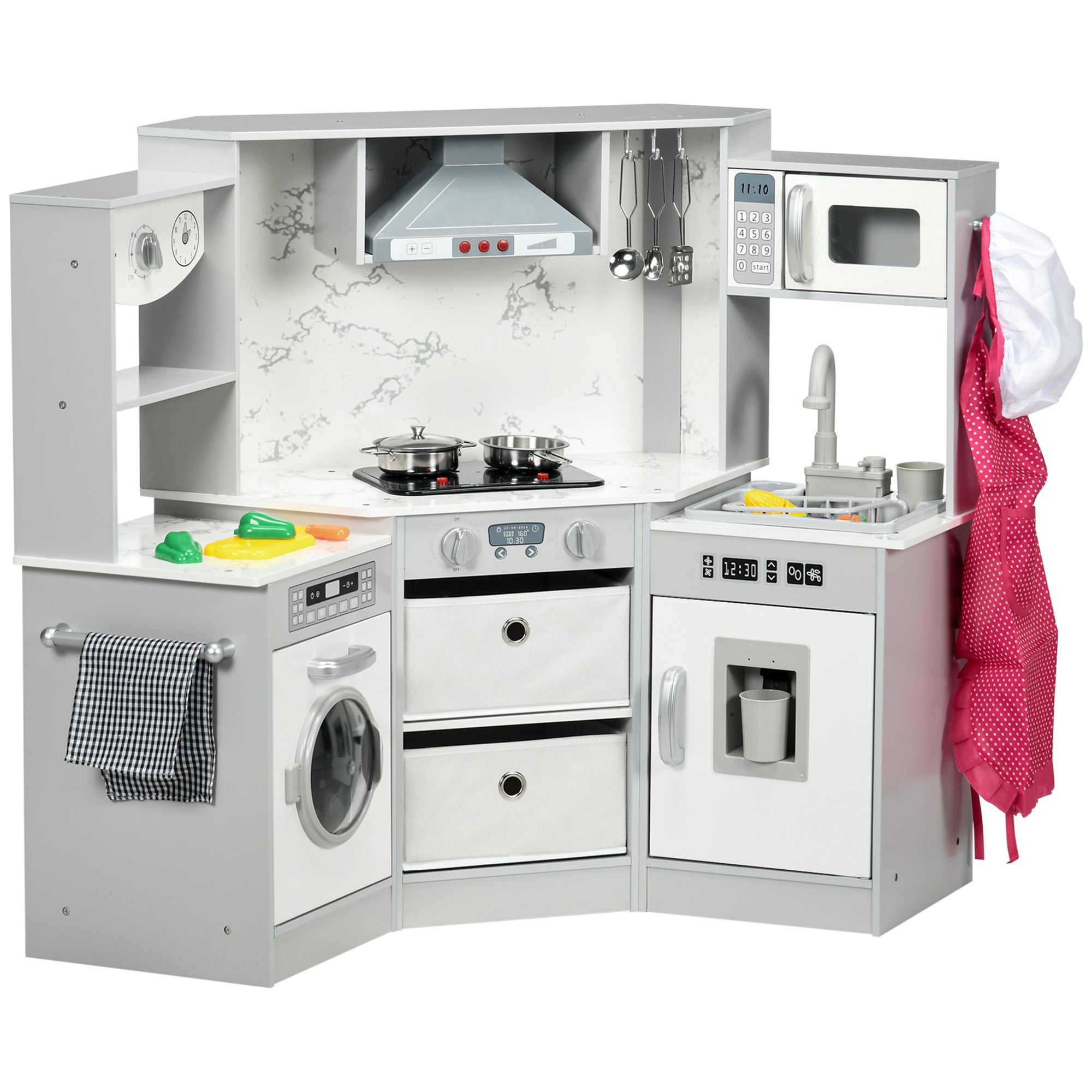 AIYAPLAY Toy Kitchen with Running Water, Lights, Sounds, Apron and Chef Hat, Water Dispenser, for Ages 3-6 Years, Grey - North Peak Garden Furniture