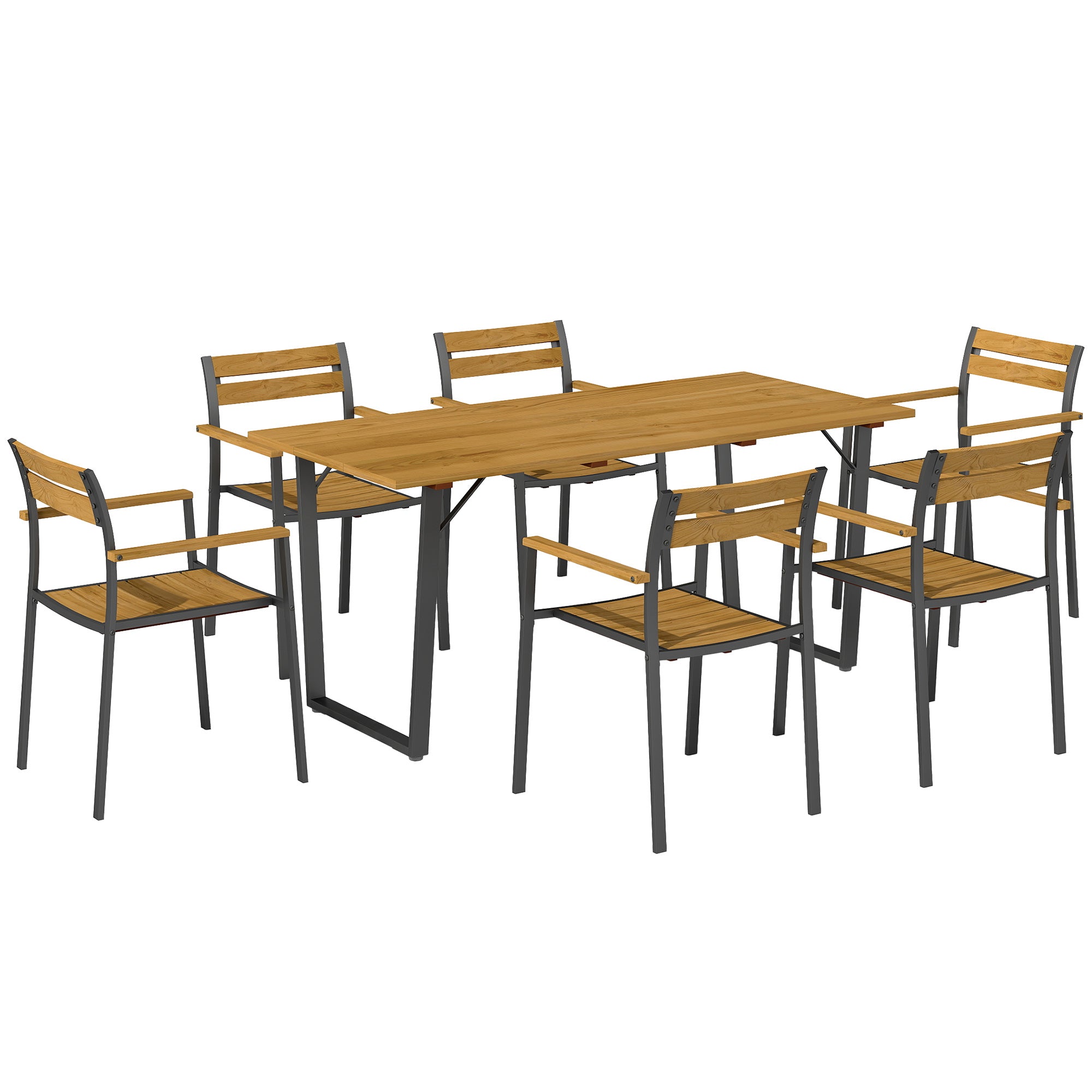 Outsunny Seven-Piece Wood Panel Patio Dining Set - Brown/Black - North Peak Garden Furniture
