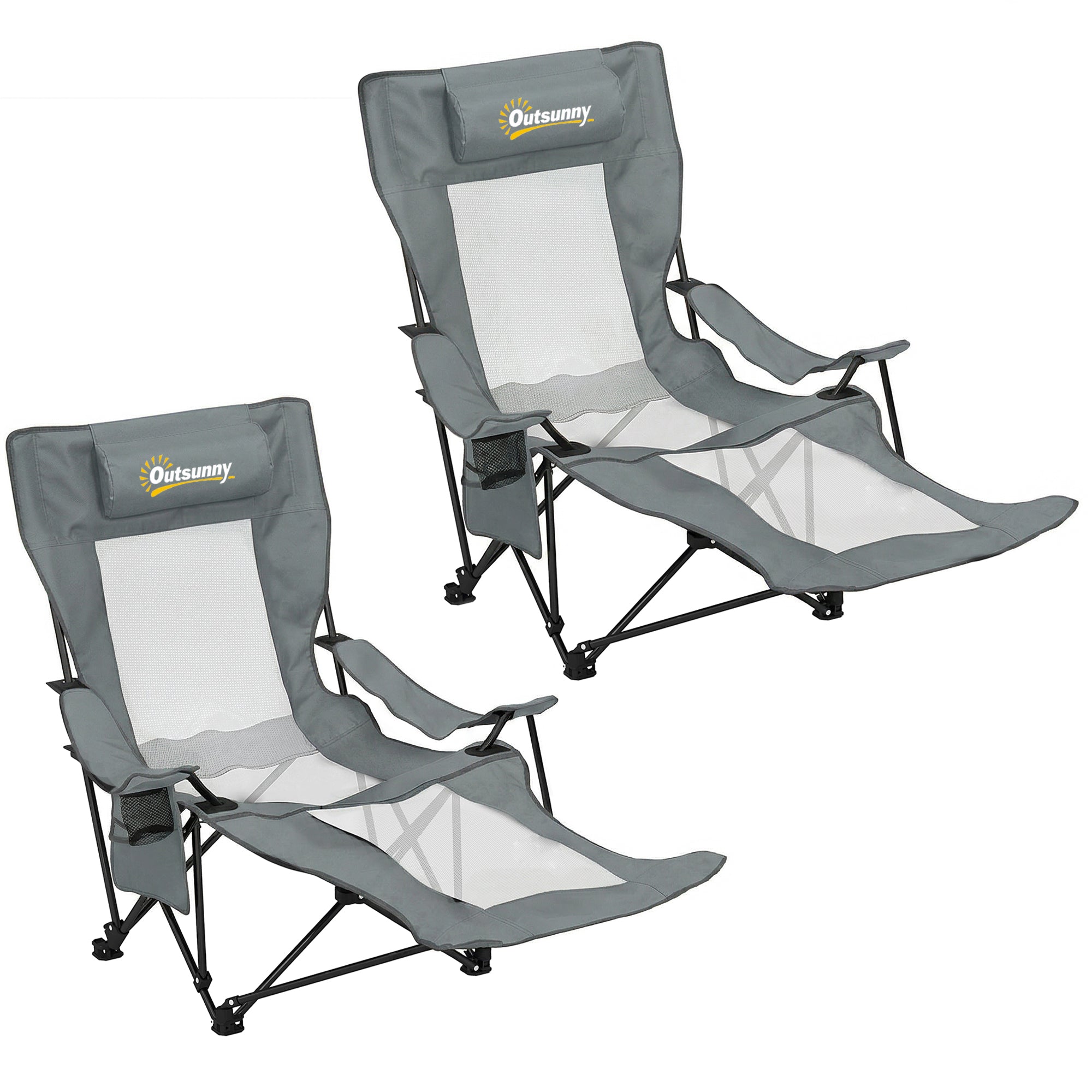Outsunny Camping Chair Reclining Portable Camp Chair with Detachable Footrest Cup Holder Grey