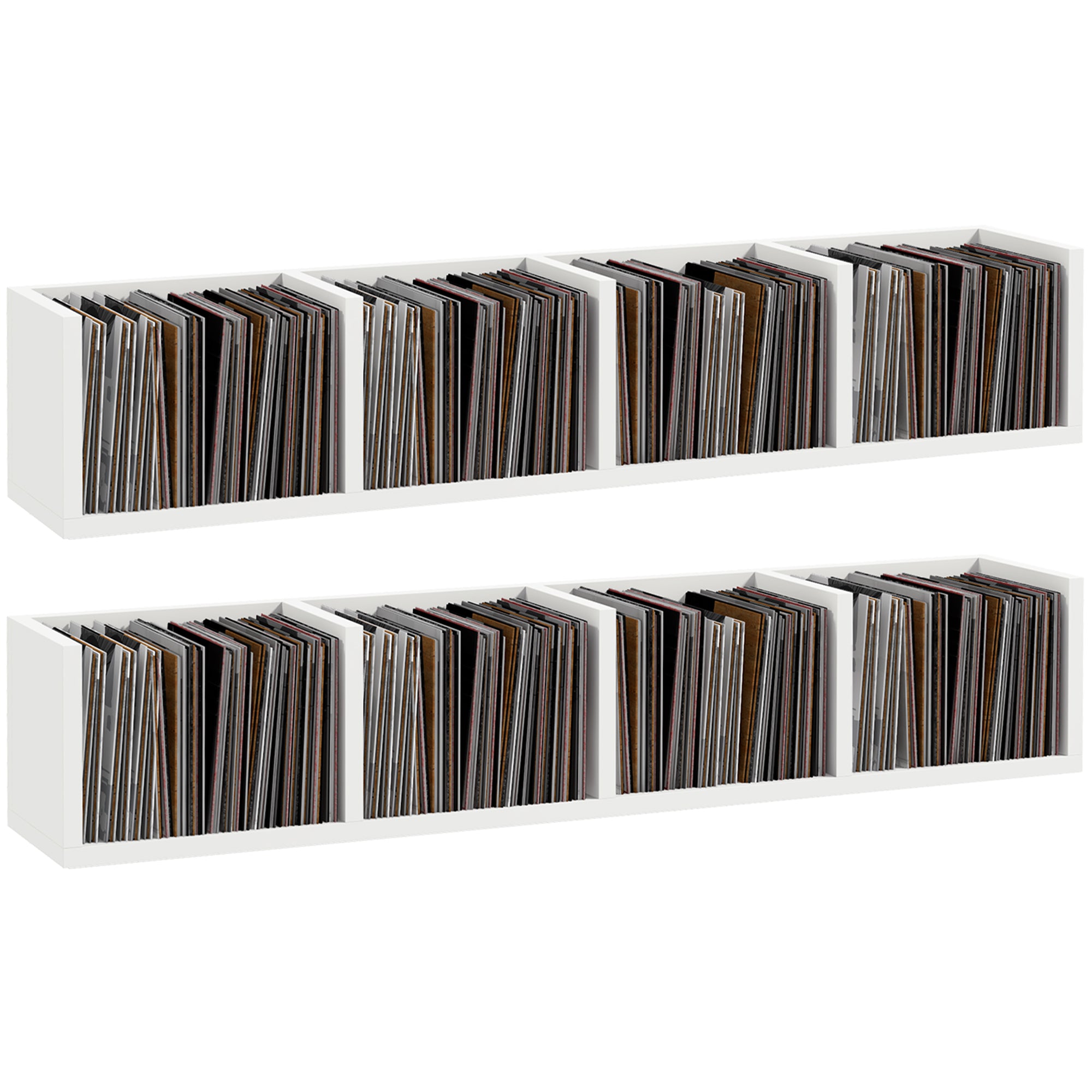 HOMCOM Wall Mount 84 CD / 56 DVD/Blu-ray/ Media Storage Rack 4 Cubes, Wooden Shelf Organiser Unit Bookcase Display, Set of 2, White