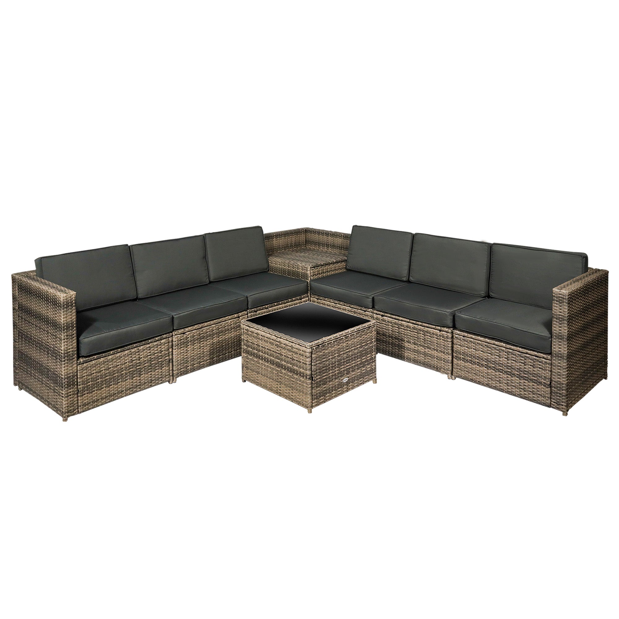 Outsunny 8 Pieces Outdoor PE Rattan Sofa Set with Cushions, Patio Garden Furniture Sets with Glass Top Coffee Table, Storage Corner Table, Mixed Brown - North Peak Garden Furniture