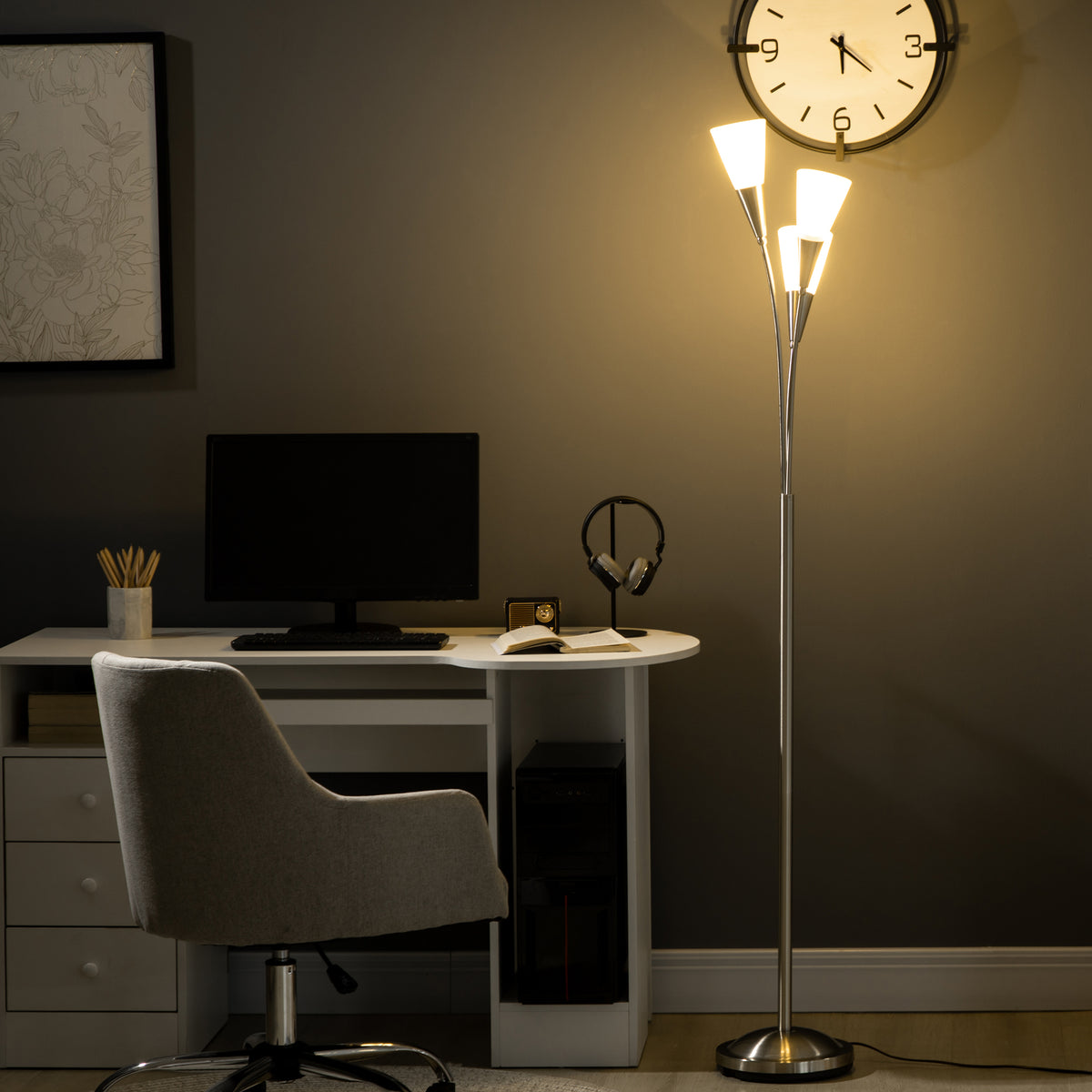 HOMCOM 3-Light Upright Floor Lamps for Living Room, Modern Standing Lamp for Bedroom with Steel Base, Bulb not Included, Silver