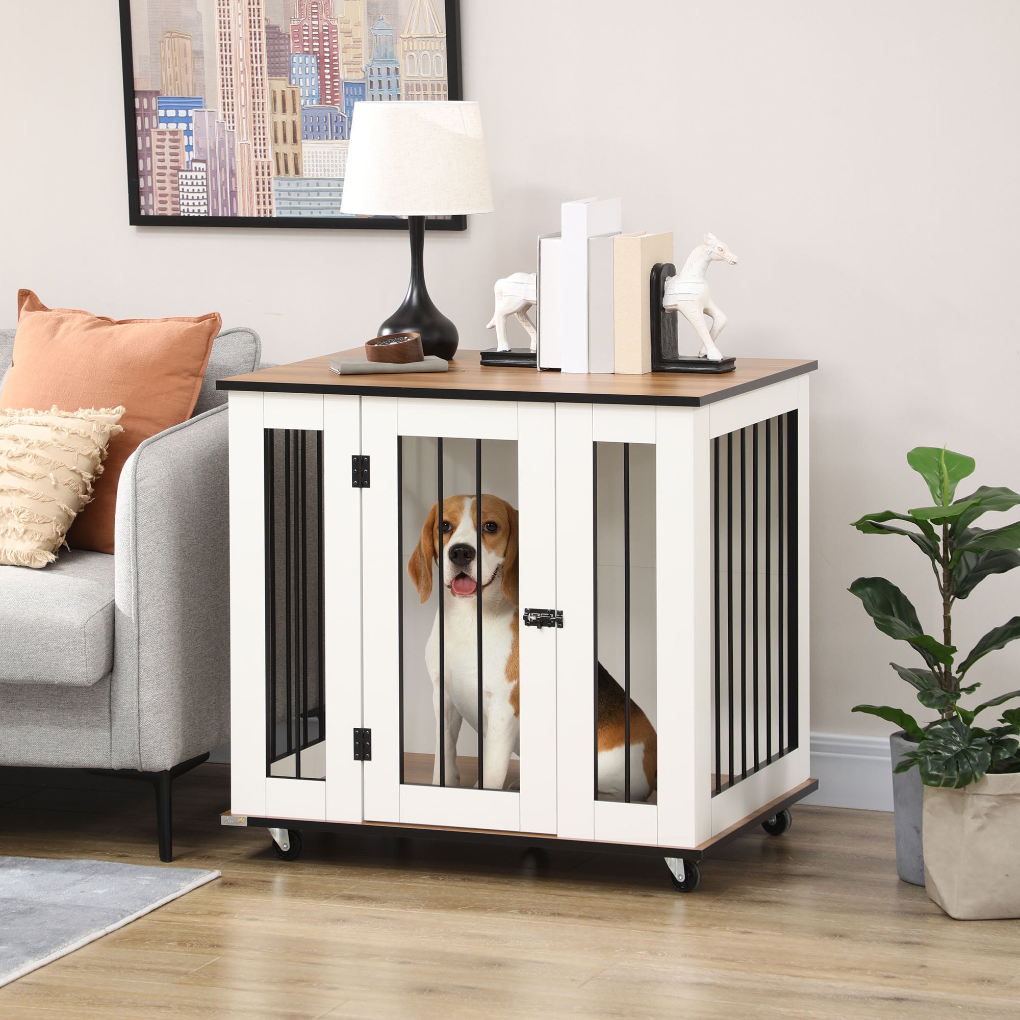 PawHut Dog Crate Furniture, Dog Cage End Table, with Wheels, for Medium Dogs, 80 x 60 x 76.5cm - White - North Peak Garden Furniture