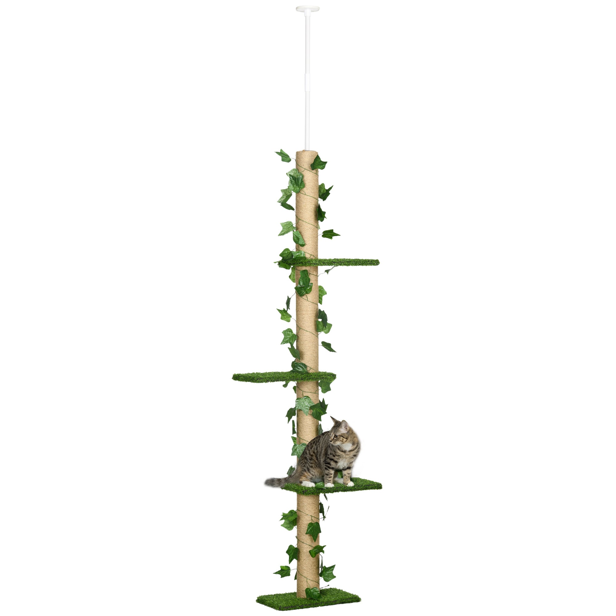 PawHut 242cm Adjustable Floor-To-Ceiling Cat Tree, with Artificial Decoration, Perches, Anti-Slip Kit - Green - North Peak Garden Furniture