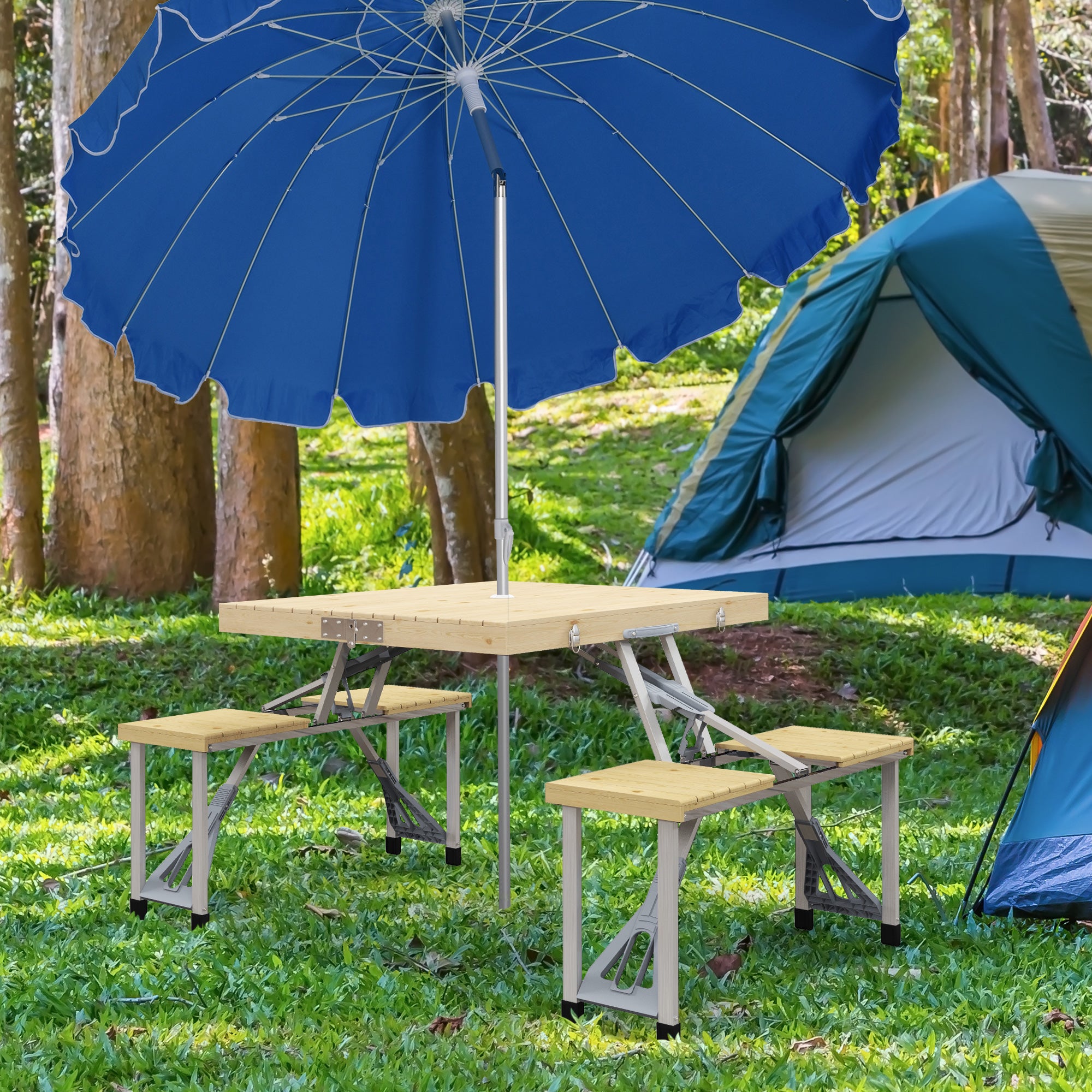 Outsunny Aluminium Frame Folding Picnic Table, Portable Camping Table and Chairs Set with Umbrella Hole - North Peak Garden Furniture