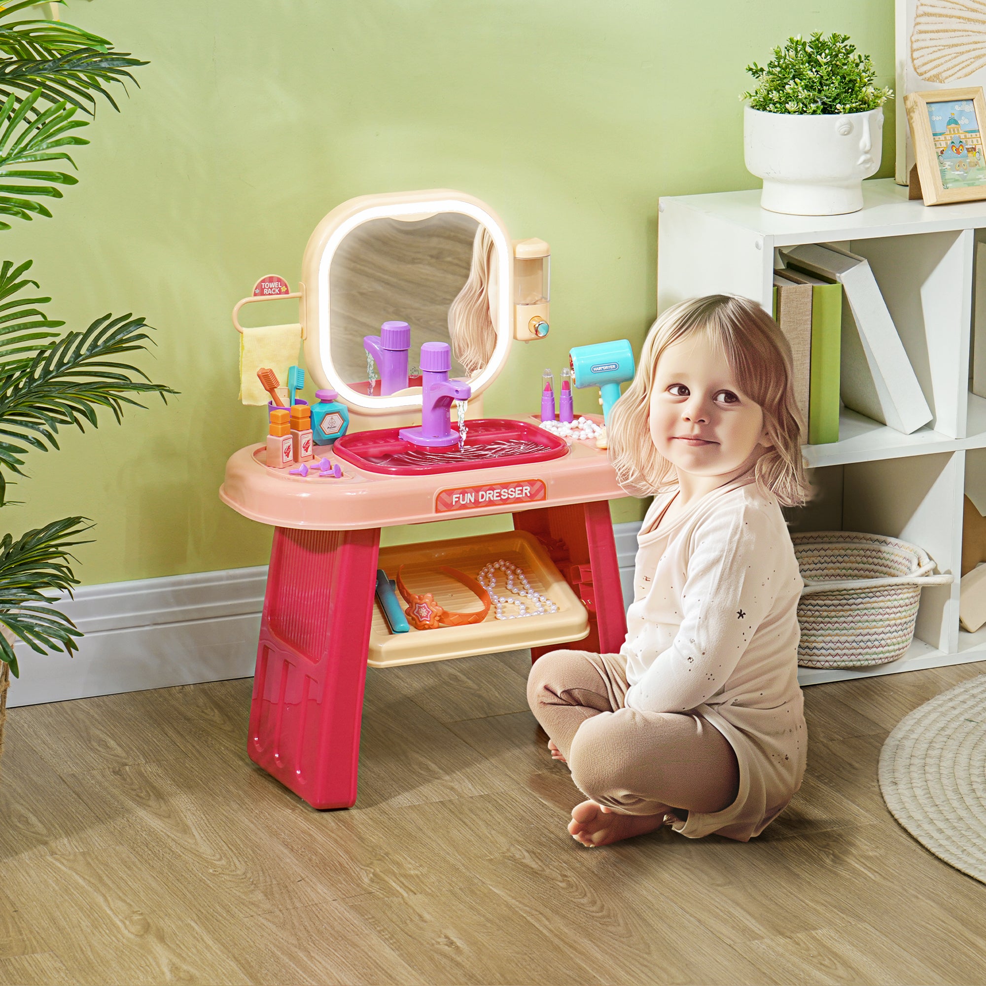 AIYAPLAY Kids Dressing Table with Mirror, LED Light, 23 Accessories, Pink - North Peak Garden Furniture