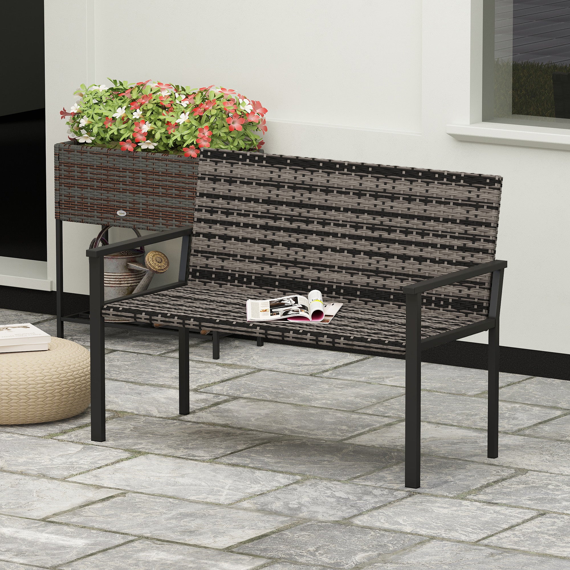 Outsunny 2 Seater Rattan Garden Bench, Outdoor Bench with Quick-Drying Cotton Padding, Wicker Garden Loveseat with Armrests, Steel Frame for Patio, Park, Mixed Grey - North Peak Garden Furniture