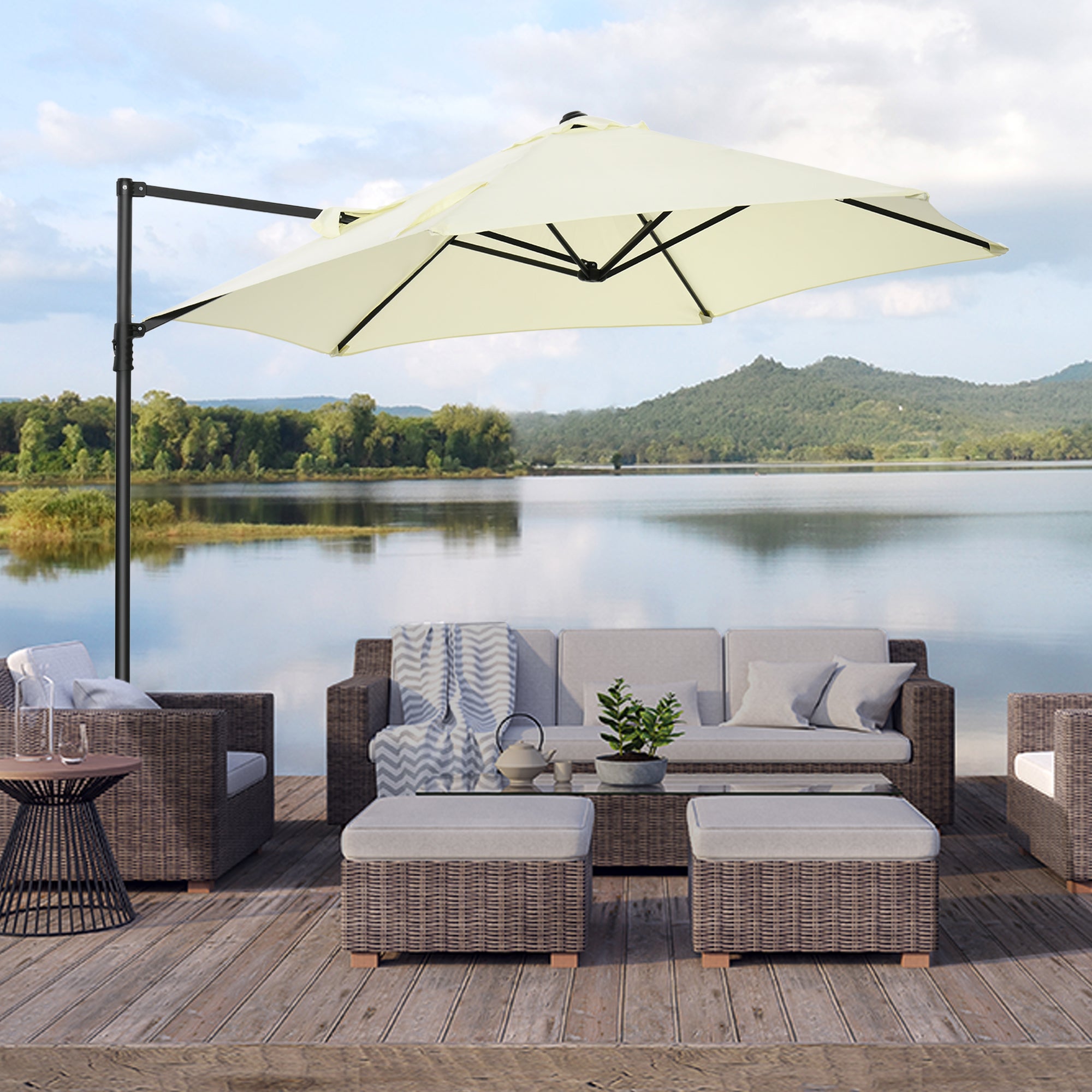 Outsunny 2.5M Garden Cantilever Parasol with 360° Rotation, Offset Roma Patio Umbrella Hanging Sun Shade Canopy Shelter with Cross Base, Beige - North Peak Garden Furniture
