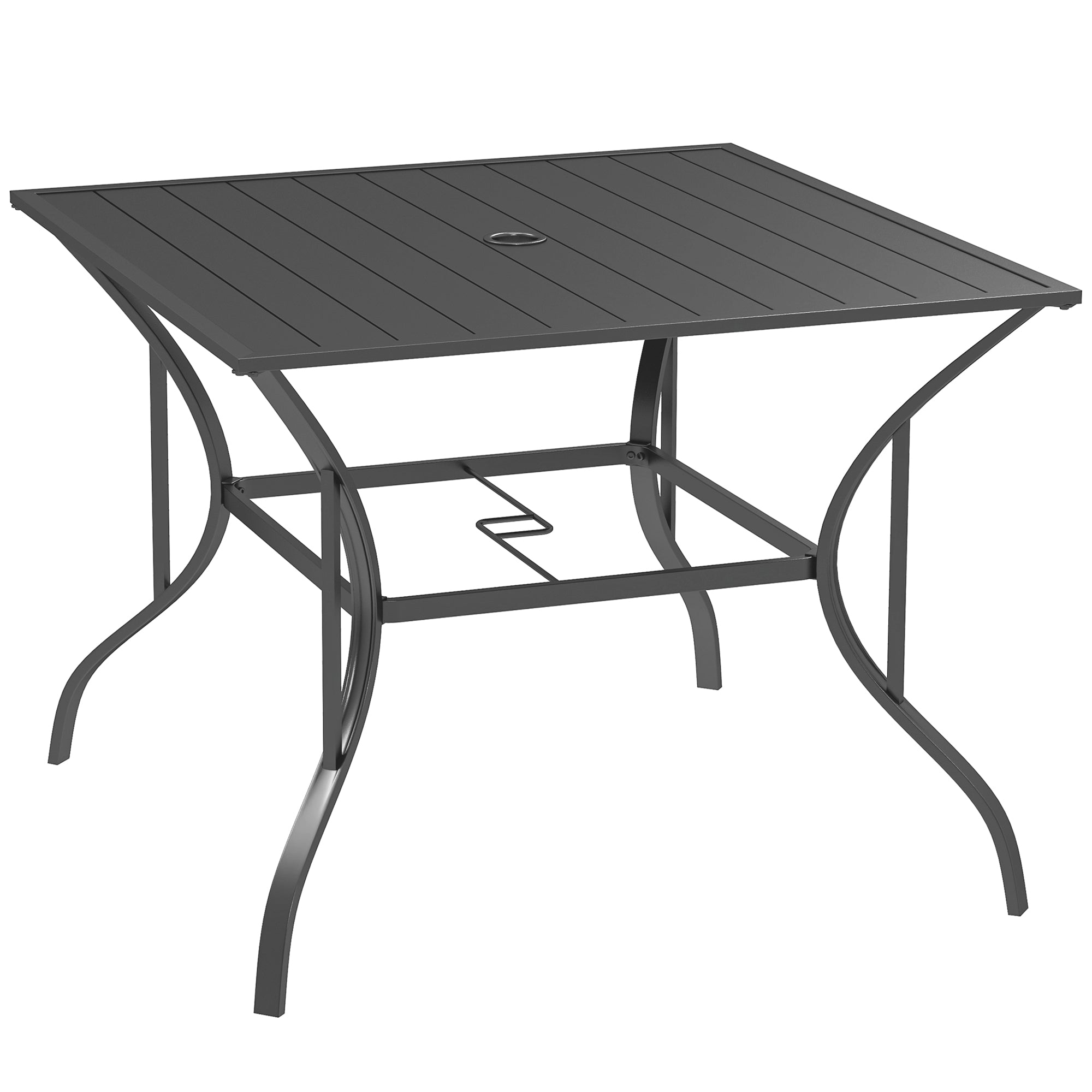 Outsunny 94 x 94 cm Garden Table with Parasol Hole, Outdoor Dining Garden Table for Four with Slatted Metal Plate Top, Dark Grey - North Peak Garden Furniture