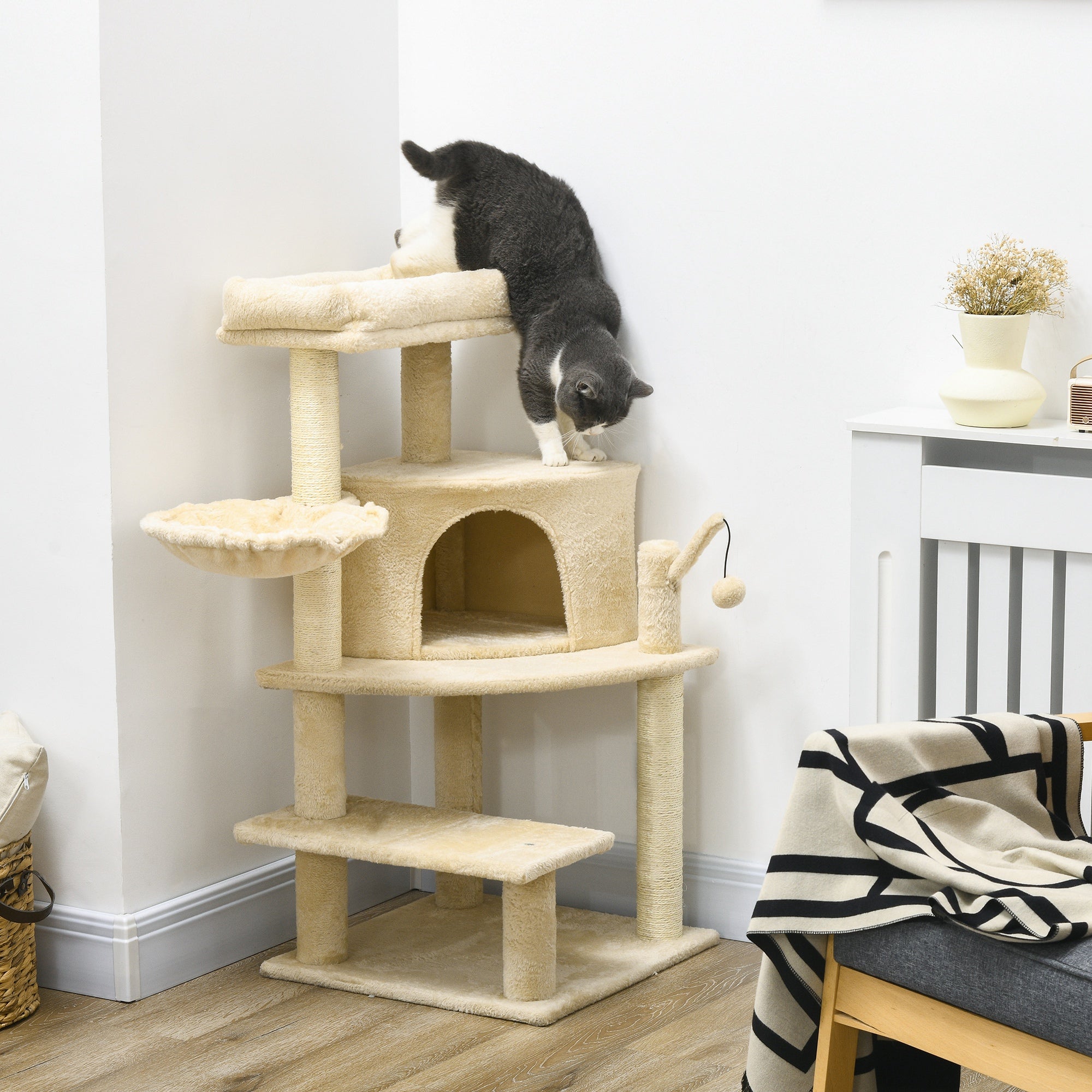 PawHut Sisal 100cm Cat Tree Tower with Sisal Scratching Post Cream White - North Peak Garden Furniture