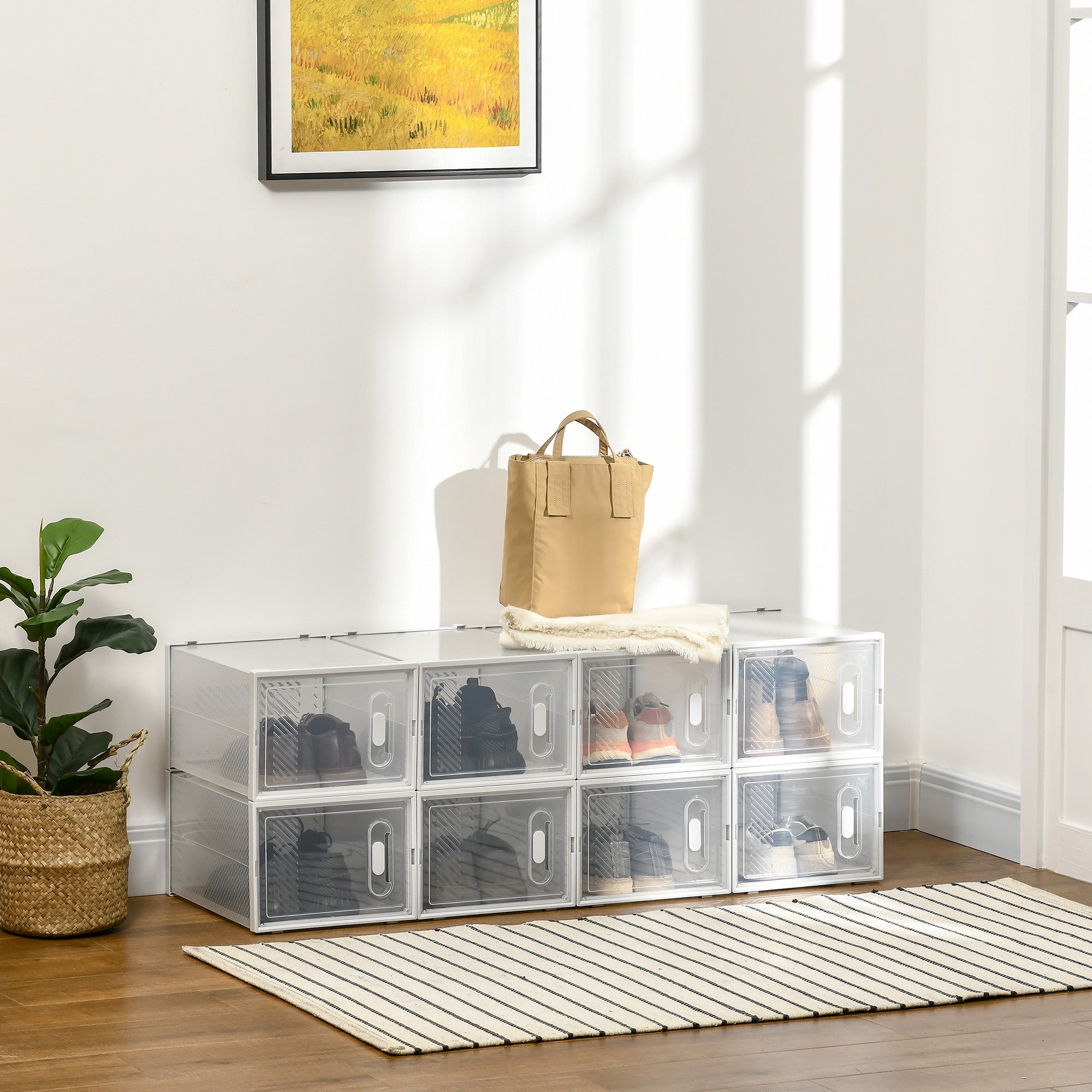 HOMCOM 8PCS Clear Shoe Box, Plastic Stackable Shoe Storage Box for UK/EU Size up to 12/46 with Magnetic Door for Women/Men, 28 x 36 x 21 cm - North Peak Garden Furniture