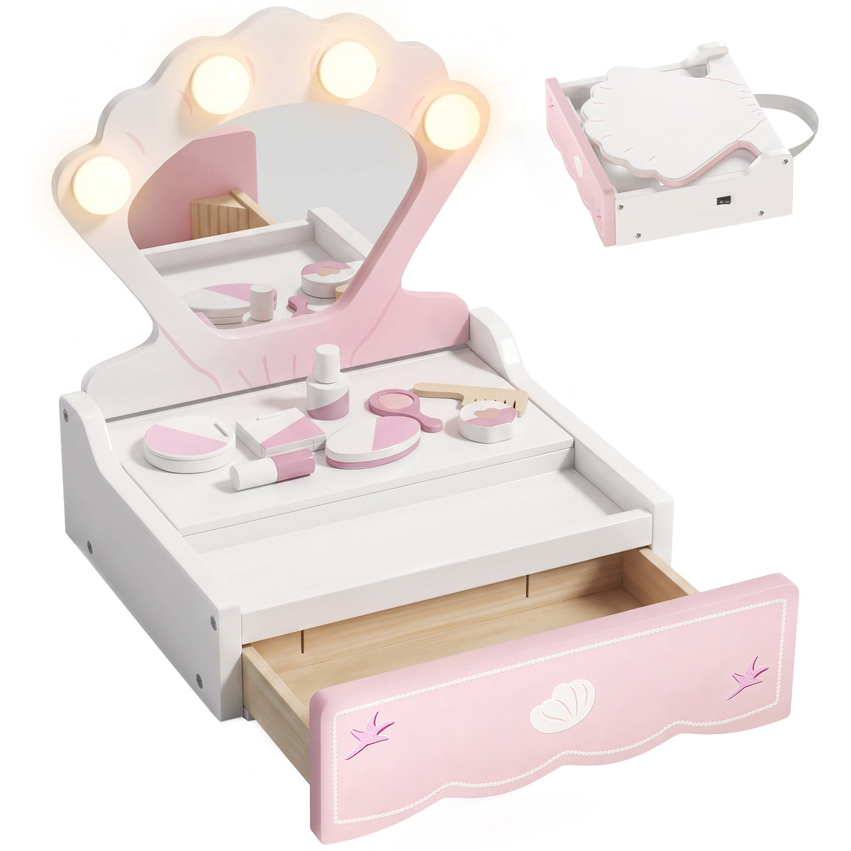AIYAPLAY Kids Dressing Table, Portable Vanity Table with Lights, Mirror, Drawer, Accessories, Gift for 3-6 Years