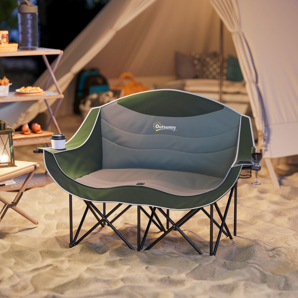 Outsunny Double Camping Chair for Adults with Armrests, Heavy Duty Oversized Padded Folding Chair with Carry Bag, Cup Holders for Outdoor Hiking Picnic Camping Fishing, 250kg Capacity, Green