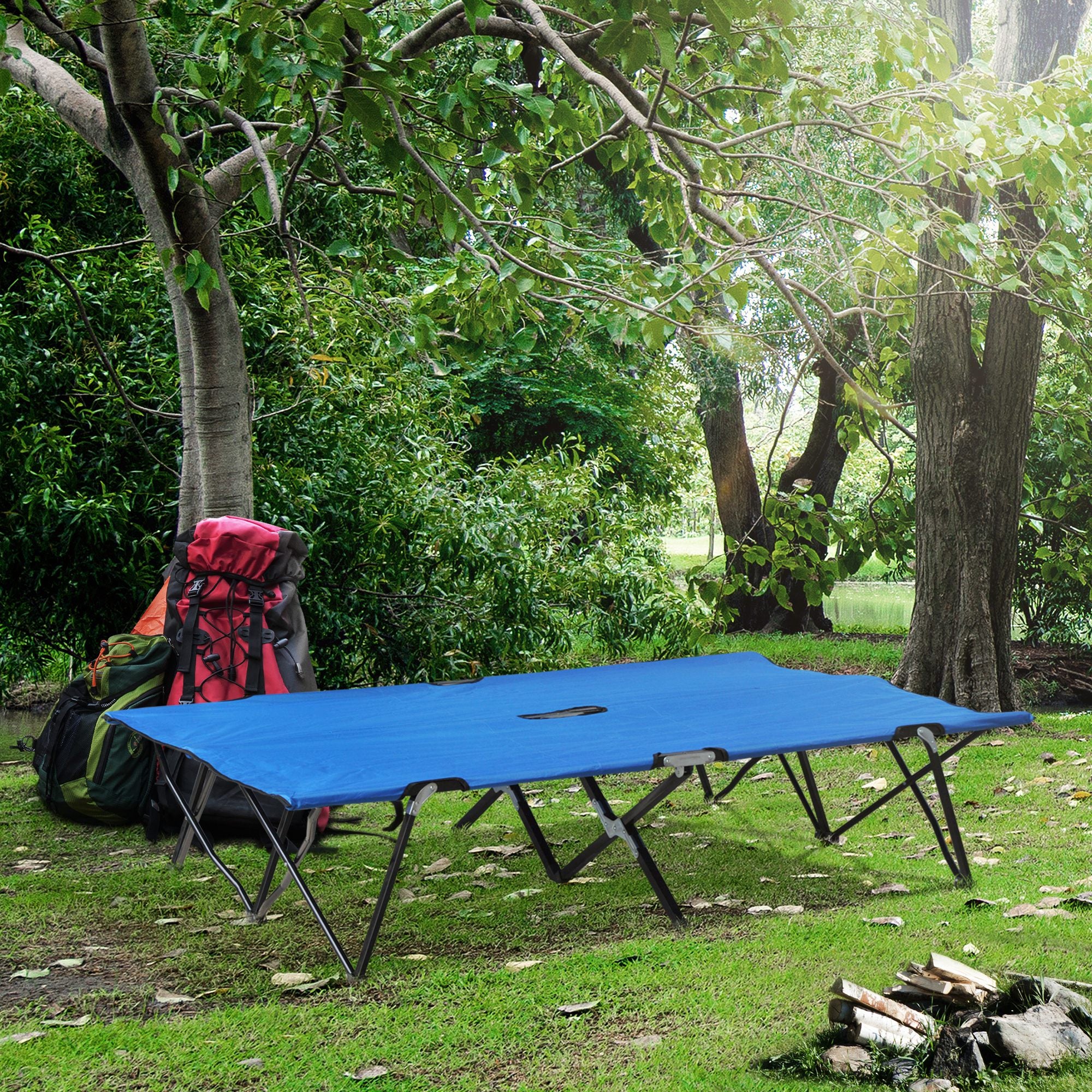 Outsunny Double Camping Bed Camping Cot Foldable Sunbed Outdoor Patio Sleeping Bed Super Light with Carry Bag (Blue) - North Peak Garden Furniture