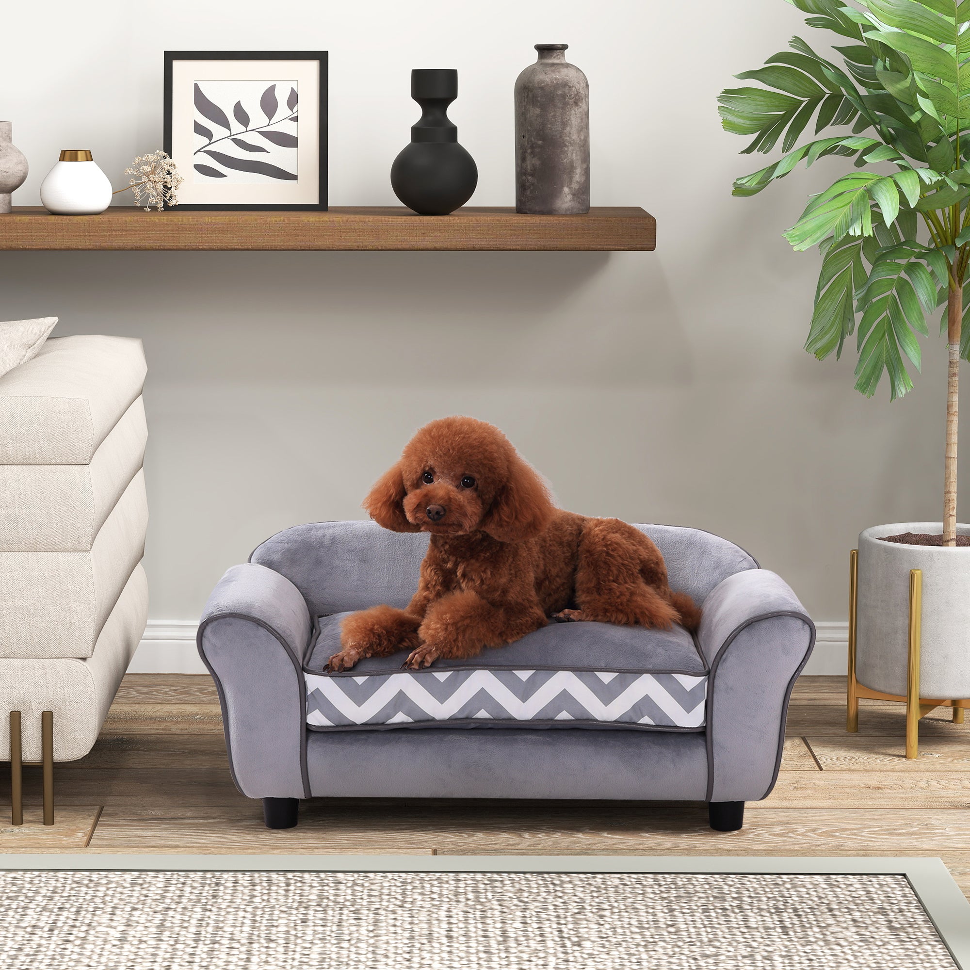 PawHut Dog Sofa Bed for XS-Sized Dogs, Cat Sofa with Soft Cushion, Pet Chair Lounge with Washable Cover, Removable Legs, Wooden Frame - Grey - North Peak Garden Furniture