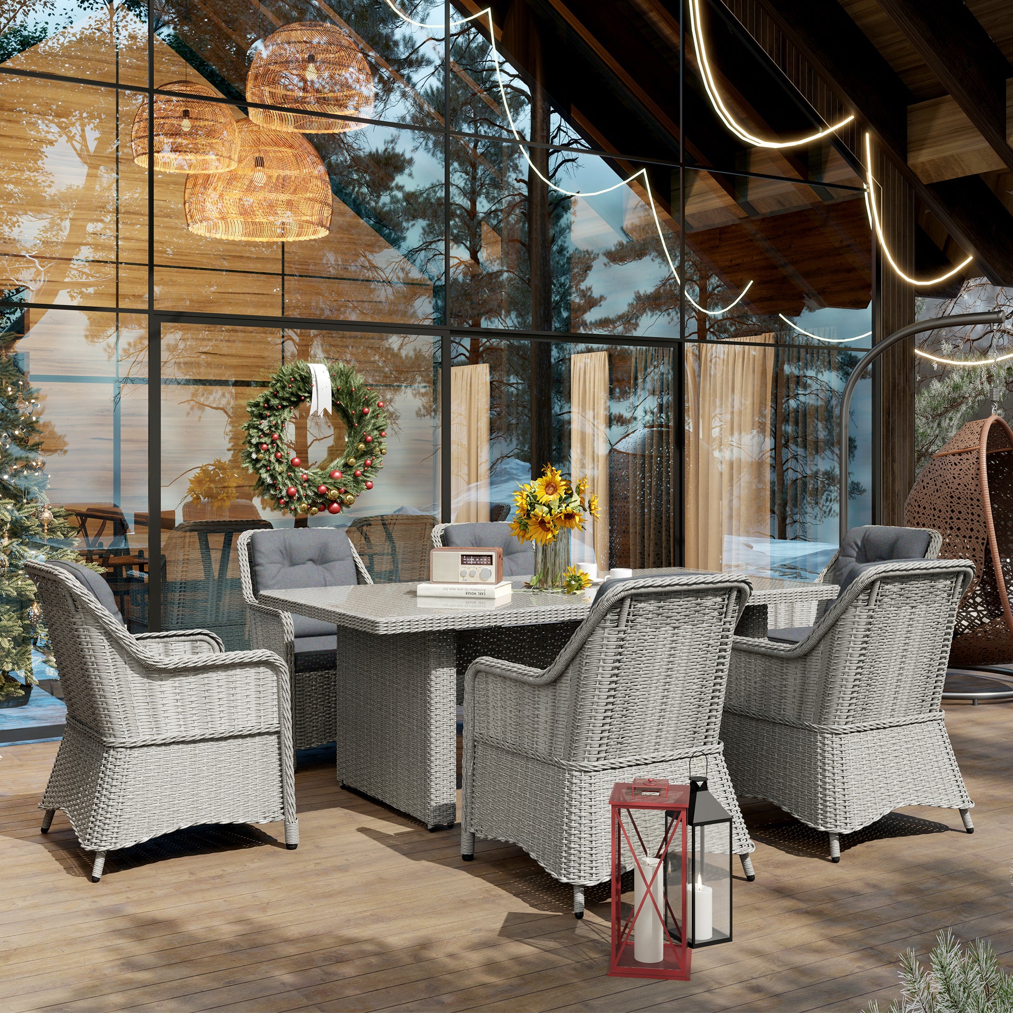 Outsunny 6 Seater Rattan Dining Set, Round PE Rattan Garden Furniture Set with Seat and Back Cushions, Aluminium Outdoor Dining Table and Chairs with 6 Armchairs, Rectangular Glass Top Table, Grey - North Peak Garden Furniture