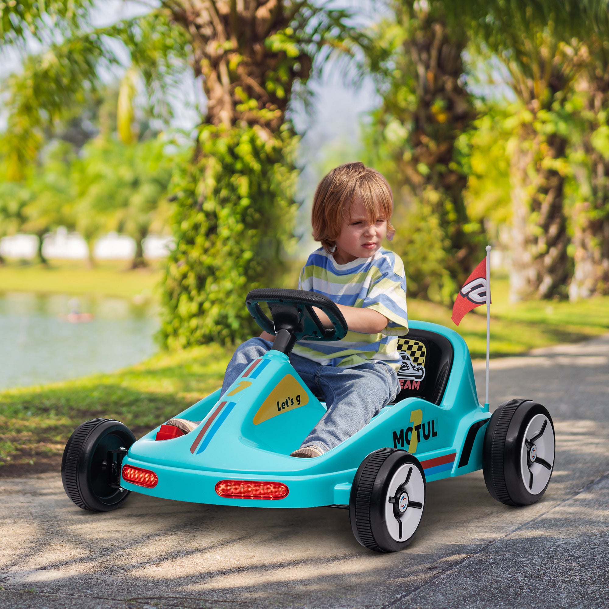AIYAPLAY 6V Electric Go Kart for Kids with Music, Light, Horn, for 3-5 Years, Blue - North Peak Garden Furniture