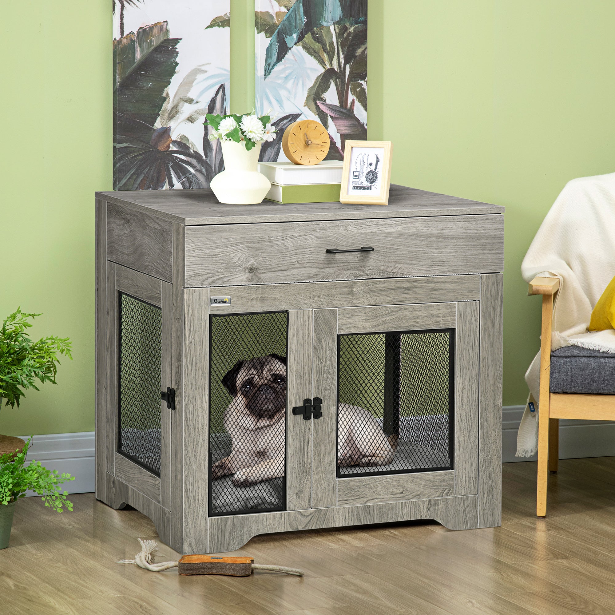 PawHut Dog Cage End Table with Two Doors, Drawer, for Medium Dogs - Grey - North Peak Garden Furniture