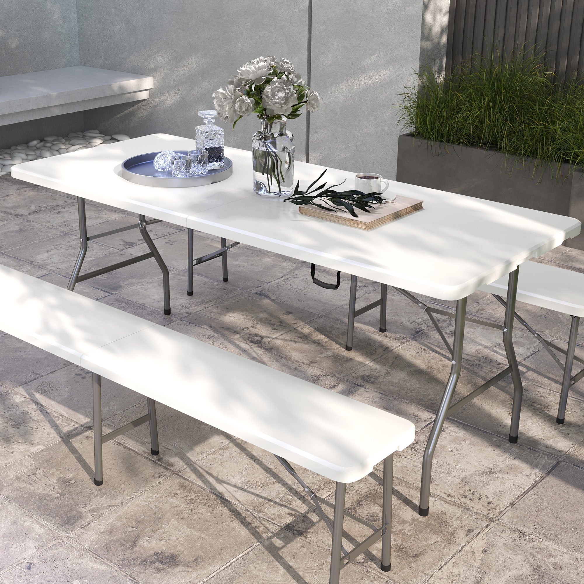 Outsunny 180 x 75cm Folding Garden Table, Outdoor HDPE Picnic Table for 6, Rectangular Patio Table with Metal Frame, White - North Peak Garden Furniture