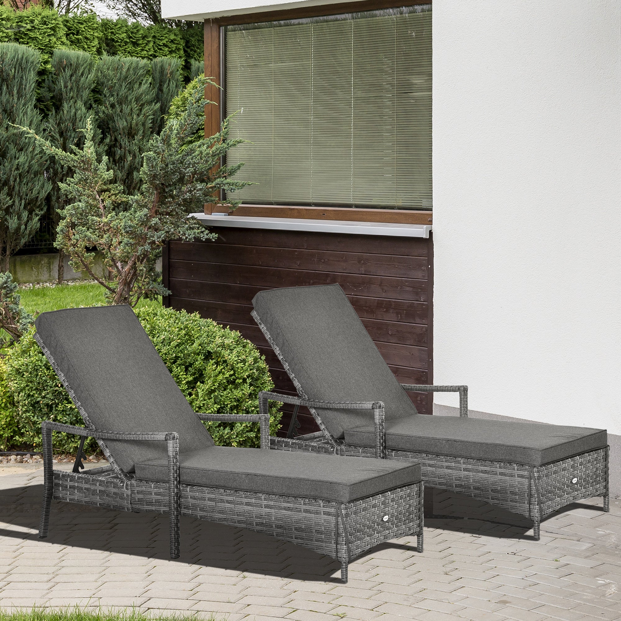 Outsunny PE Rattan Sun Loungers set of 2 with Cushion, Outdoor 2 Pieces Garden Sunbed Furniture with 4-Level Recliner Backrest, and Armrest, Grey - North Peak Garden Furniture
