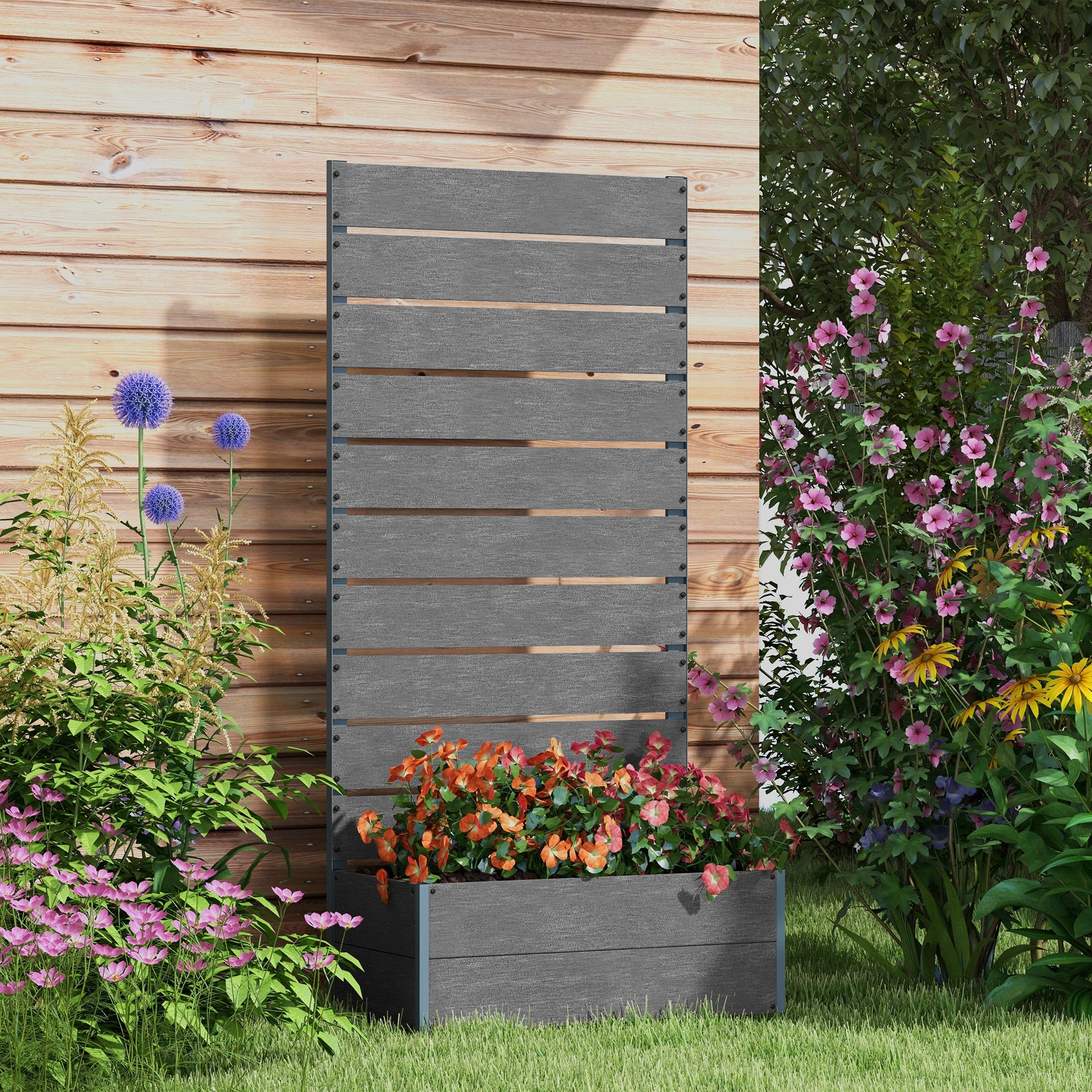 Outsunny 34 x 69.5cm Garden Planter Box, with Back Trellis - Grey - North Peak Garden Furniture