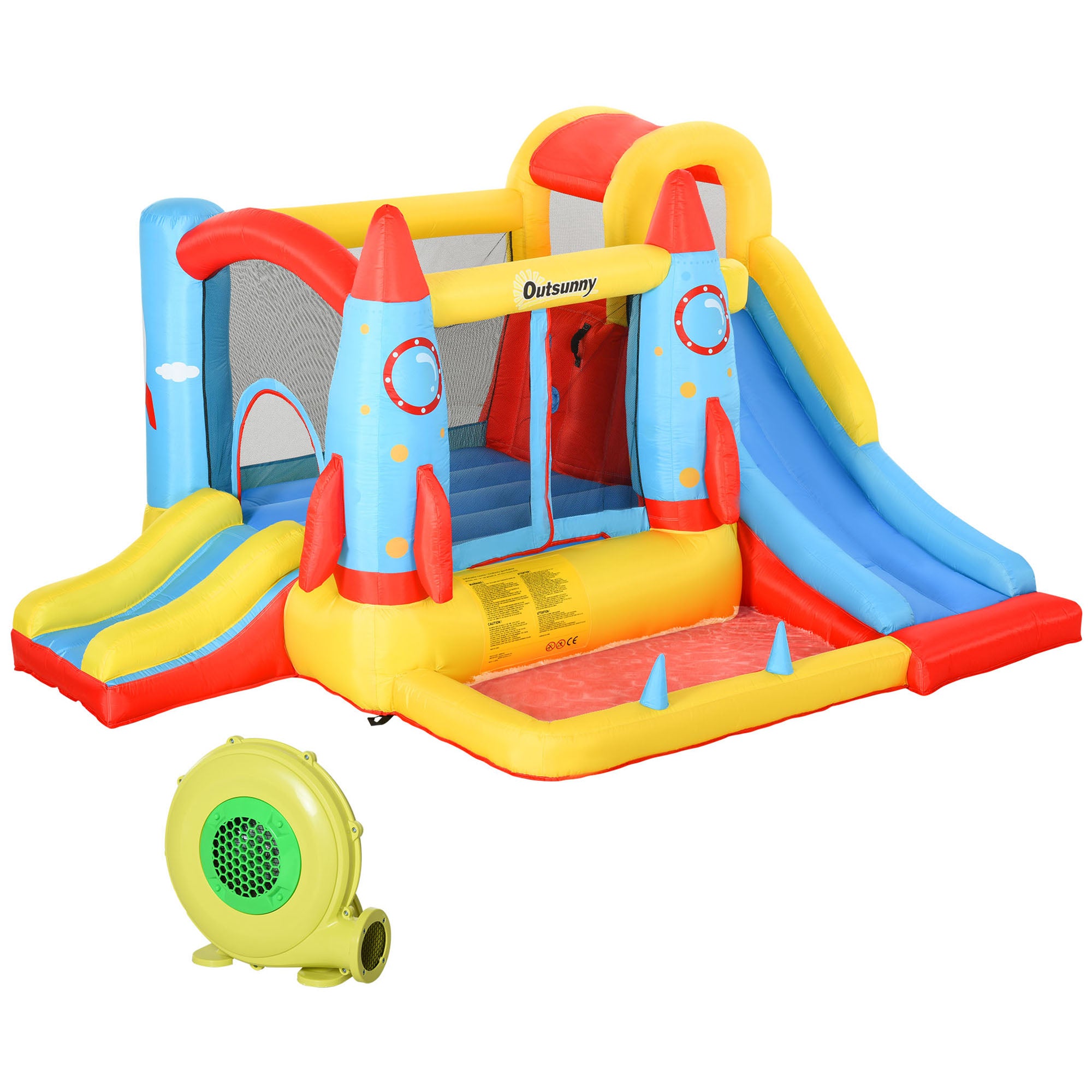 Outsunny Bounce Castle Inflatable Trampoline Slide Pool Rocket Design 3.4 x 2.8 x 1.85m - North Peak Garden Furniture