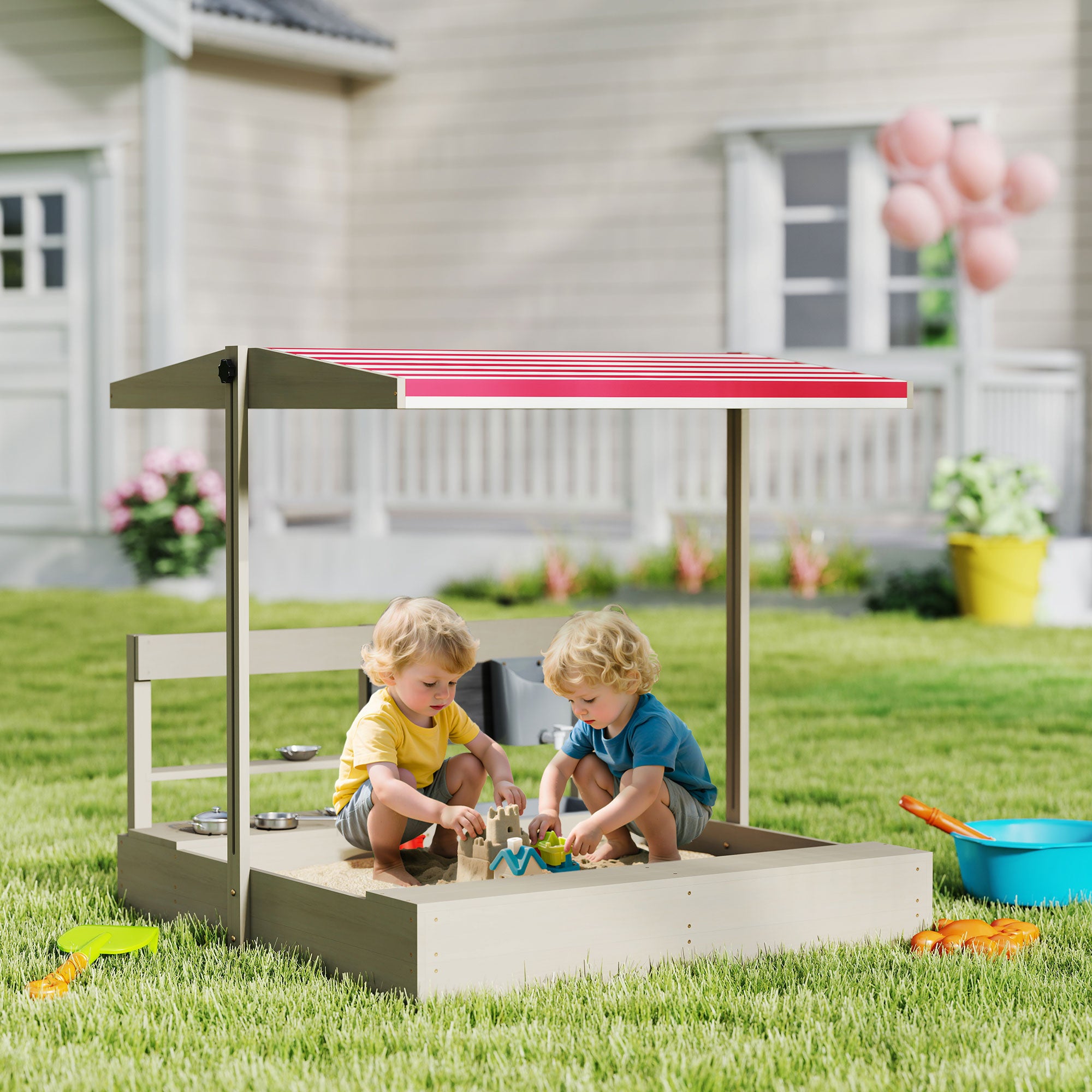 Outsunny Kids Wooden Sandbox w/ Canopy, Kitchen Toys, Seat, Storage, for 3-7 Years Old Outdoor Play