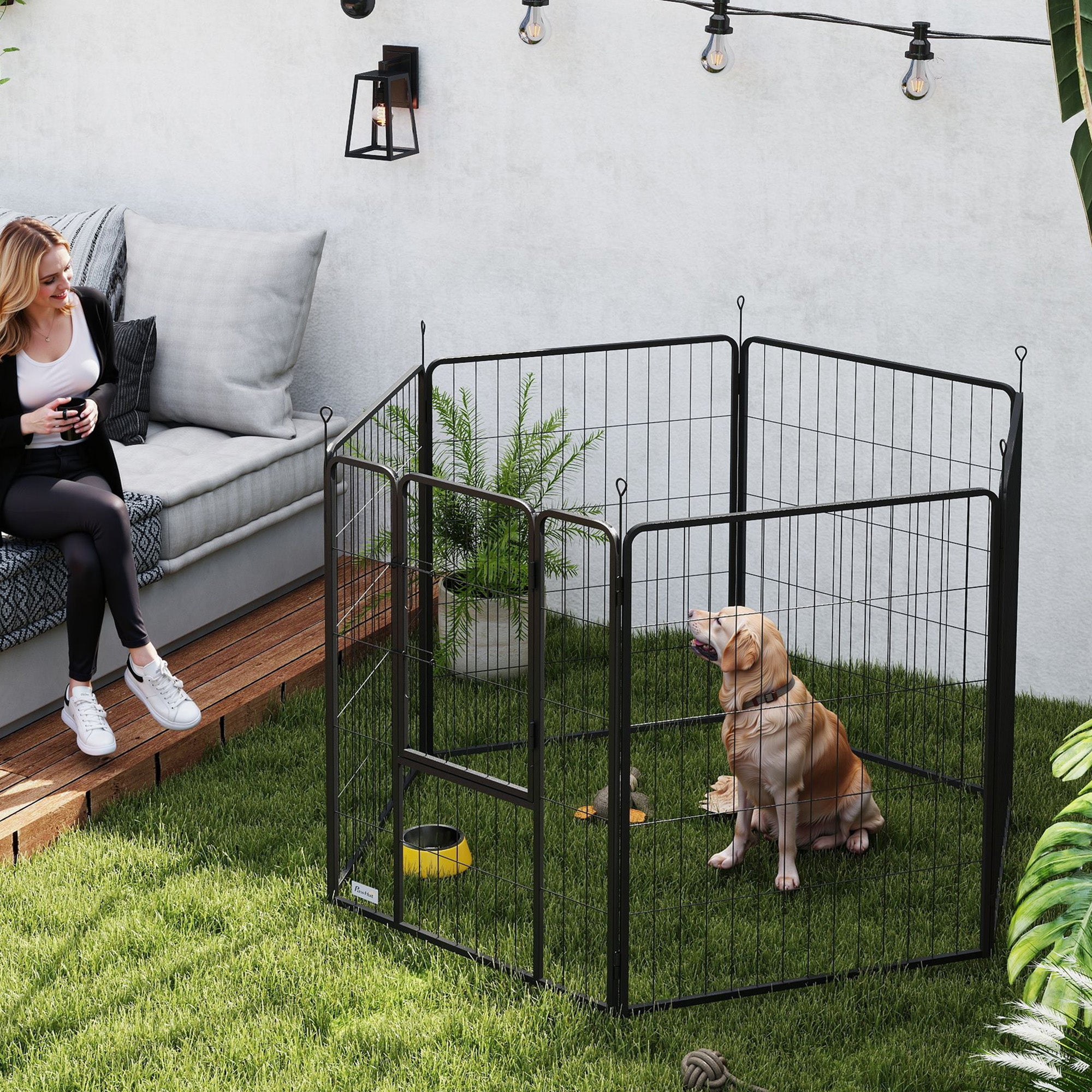 PawHut 6 Panels Dog Playpen, Portable Detachable Puppy Pen with Door, for Large Dogs, 100cm High, Black - North Peak Garden Furniture