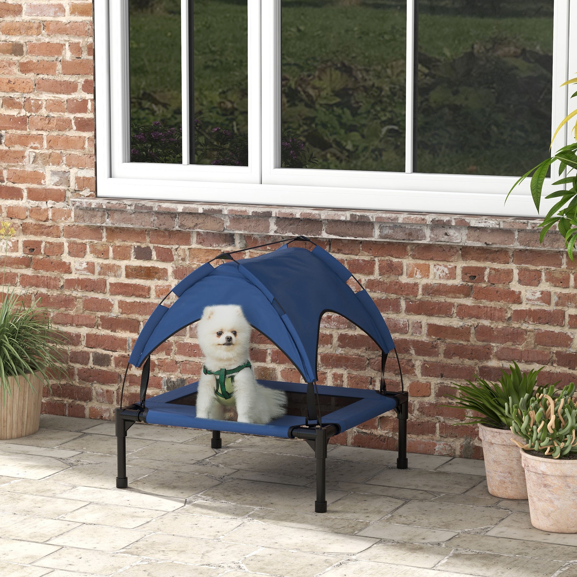 PawHut Cooling Raised Pet Bed w/ Washable Breathable Mesh, for Small Medium Dogs, 76 x 61 x 69.5cm - Dark Blue - North Peak Garden Furniture