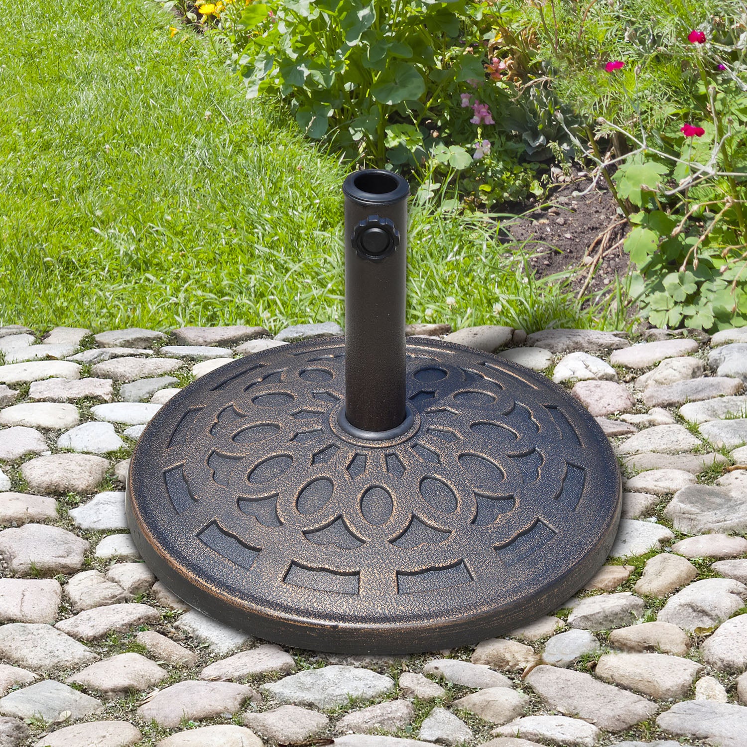 Outsunny 14kg Round Garden Parasol Base Holder Decorative Resin Market Umbrella Stand with Adjustable Coupler, Bronze - North Peak Garden Furniture