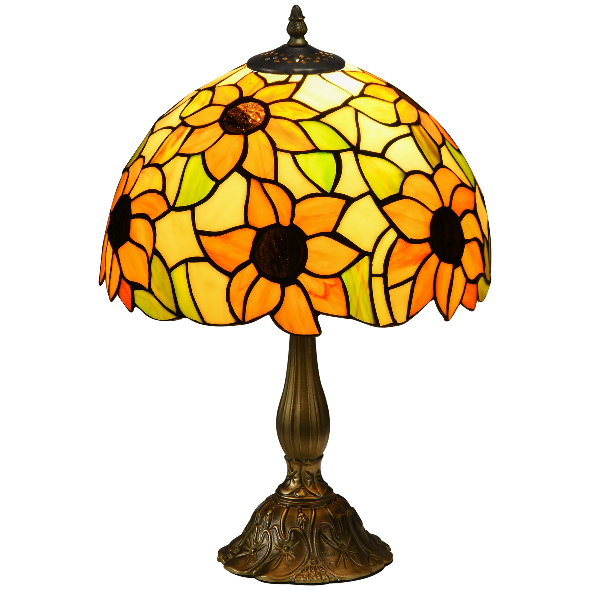 HOMCOM Stained Glass Table Lamp, Handmade Antique Bedside Lamp for Bedroom, Living room, Home, Nightstand, Decorative Night Light, Orange Sunflower - North Peak Garden Furniture