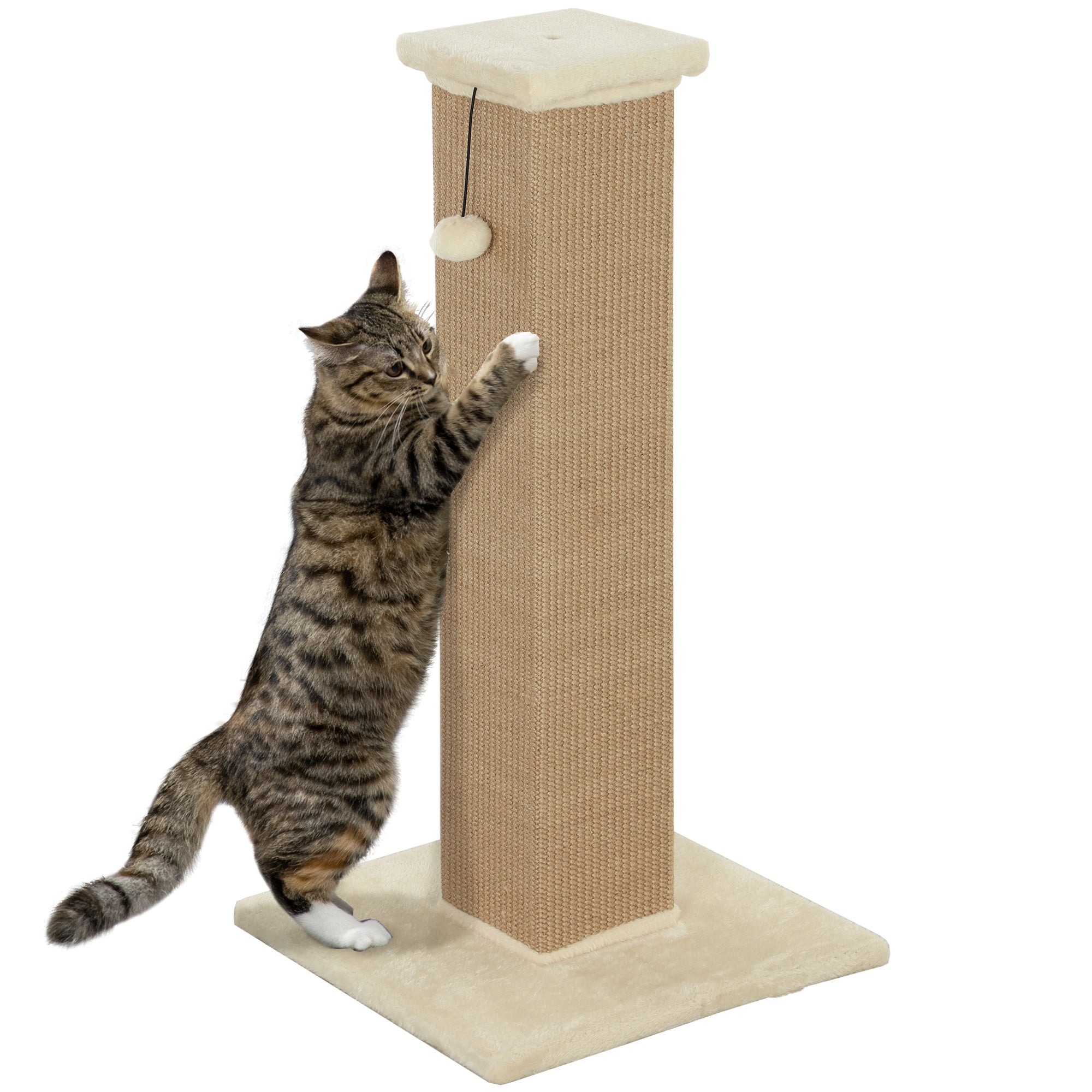 PawHut 81cm Cat Scratcher, Vertical Full Scratcher w/ Natural Jute Rope, Hanging Ball, Soft Plush - Beige - North Peak Garden Furniture