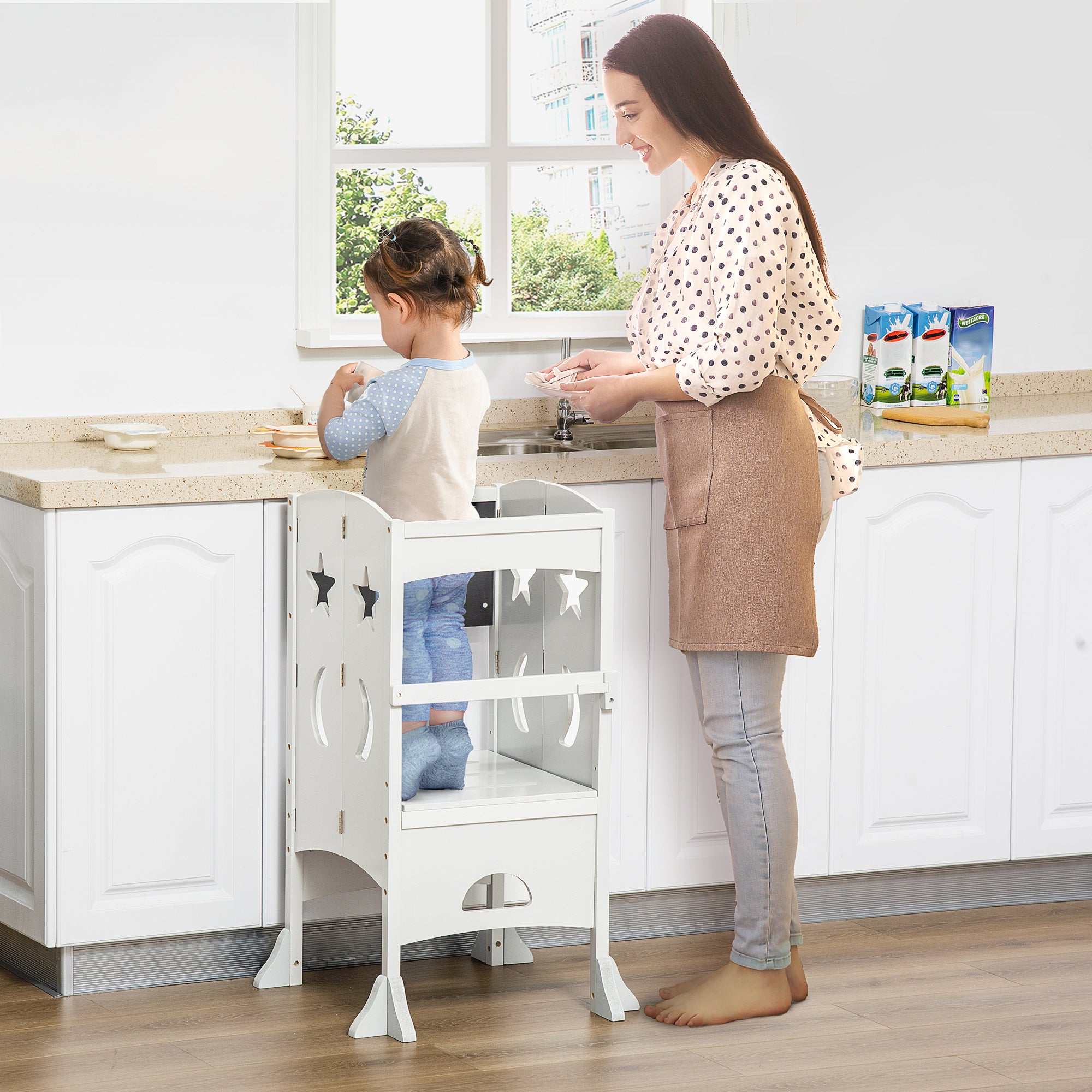 HOMCOM Kids Step Stool Toddler Kitchen Stool with Blackboard Lockable Handrail for Kids Kitchen Counter White - North Peak Garden Furniture