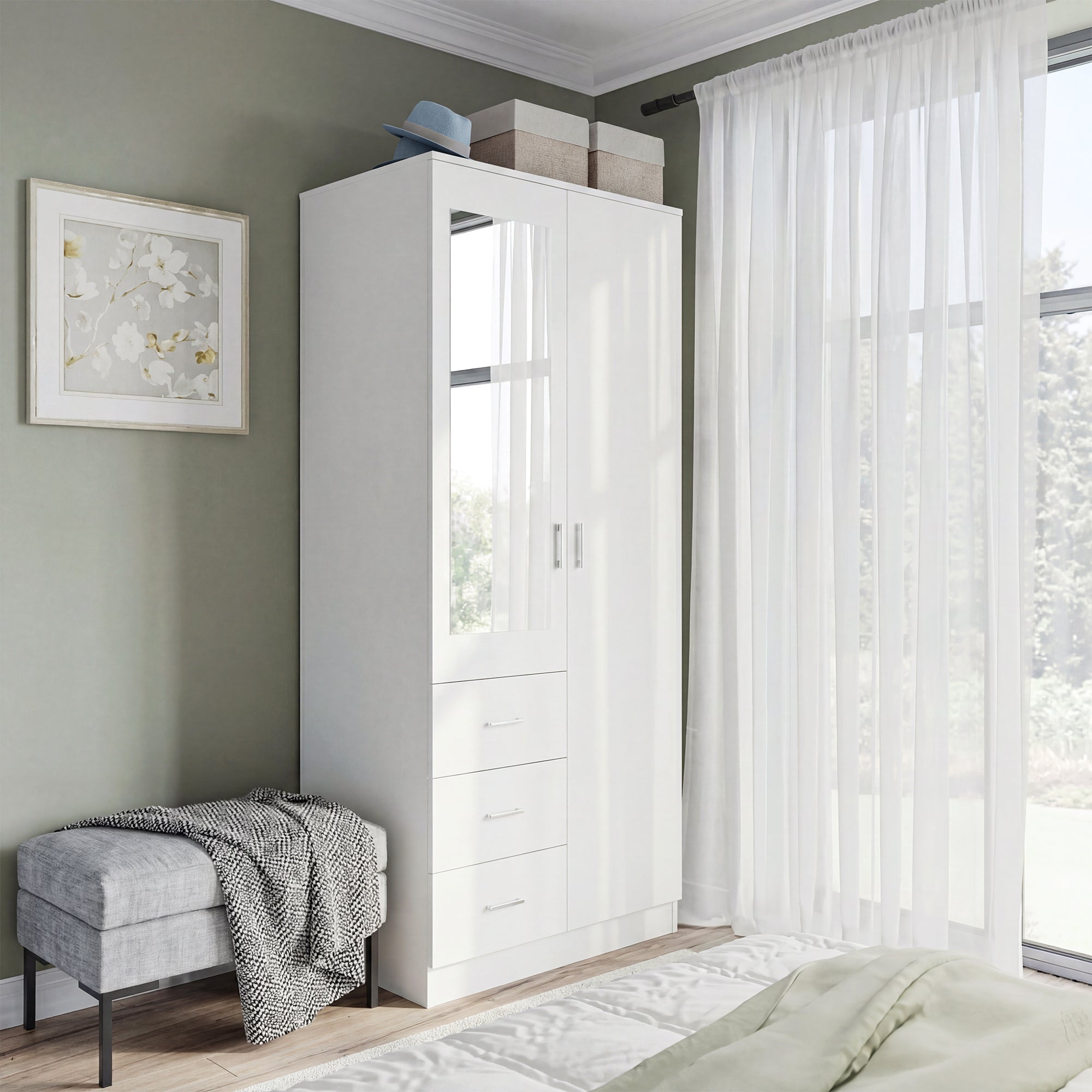 HOMCOM 2 Door 3 Drawer Mirrored Wardrobe with Hanging Rail, Modern Clothes Storage Cupboard with Mirror, Drawers and Adjustable Shelves for Bedroom, 80 x 50 x 180 cm, White