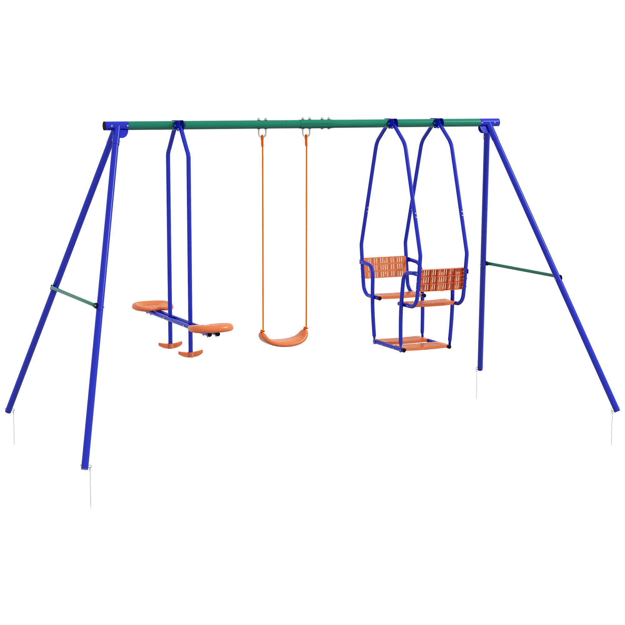 Outsunny Three-In-One Kids Metal Swing Set with Swing, Glider, Rocking Chair Swing, for Ages 3+ years - Orange and Blue - North Peak Garden Furniture