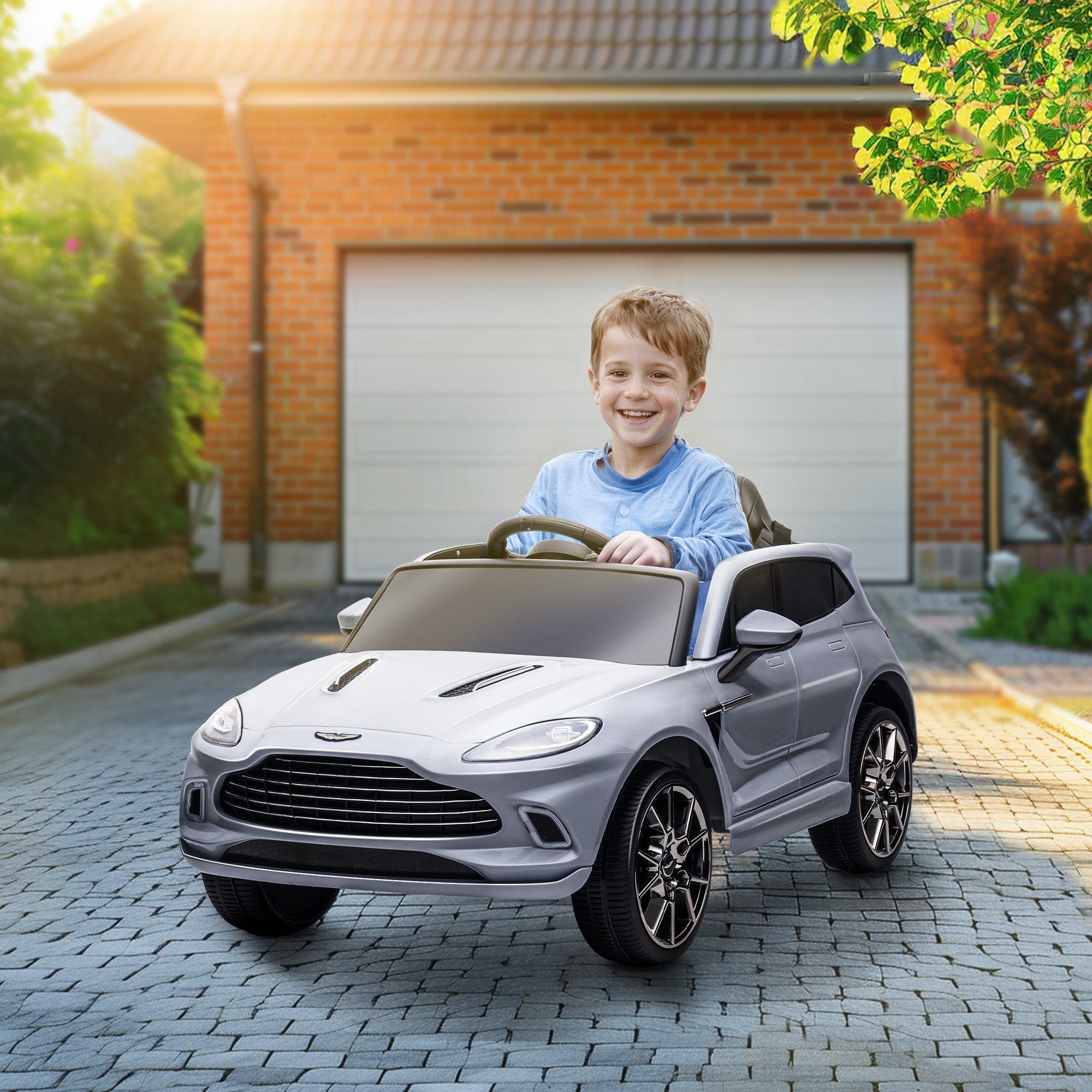 AIYAPLAY Aston Martin DBX Licensed Battery Powered Kids Electric Car, 12V Kids Ride on Car w/ Lights, Music Horn, Grey - North Peak Garden Furniture