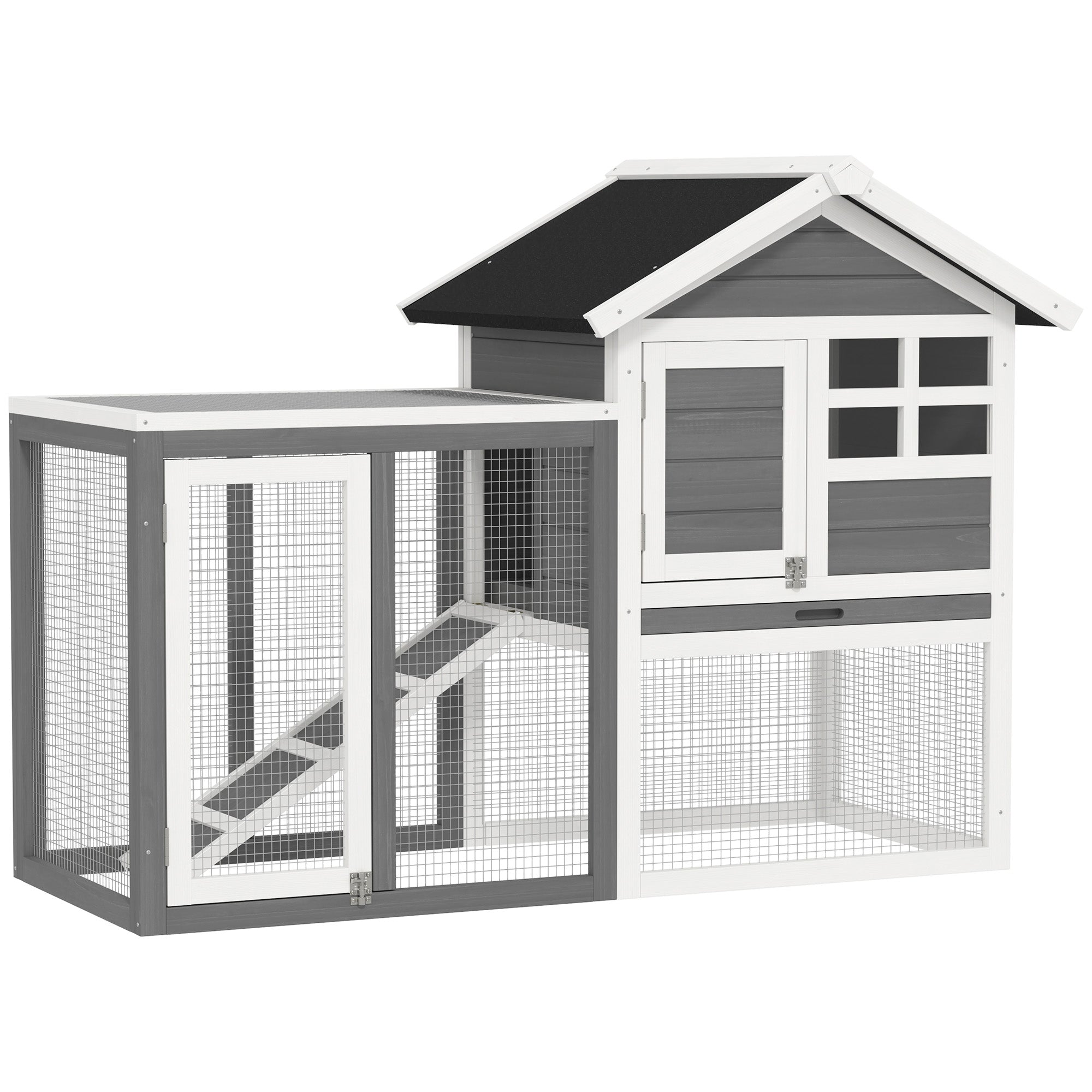 PawHut Rabbit Hutch Outdoor Wooden Guinea Pig Hutch Rabbit Run Bunny Cage Small Animal House Pull-Out Tray, Grey, 122 x 62.6 x 92 cm - North Peak Garden Furniture