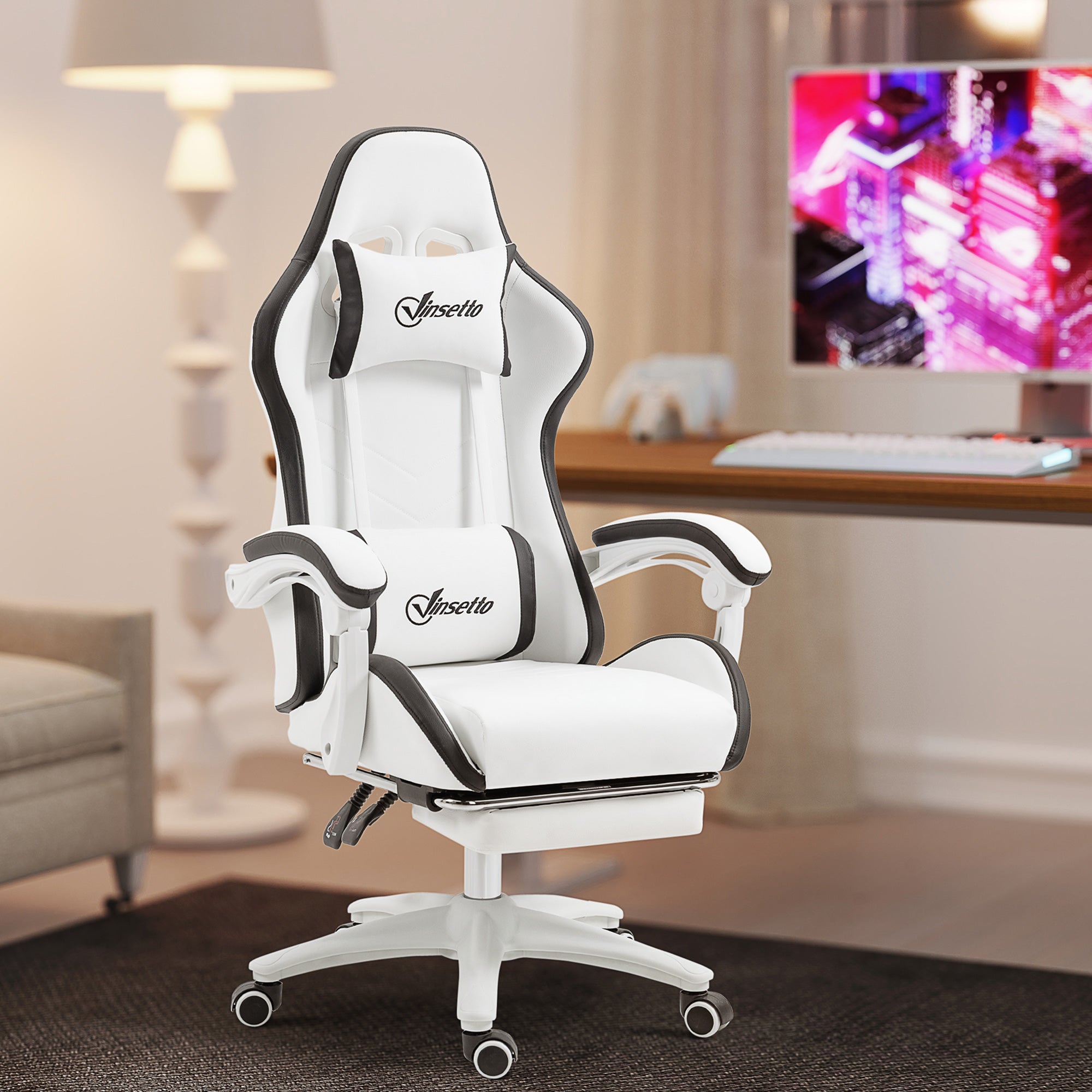 Vinsetto Computer Gaming Chair, PU Leather Desk Chair with Footrest, Swivel Task Chair with 135° Reclining Back and Lumbar Support, PC Chair for Adults, White and Black - North Peak Garden Furniture