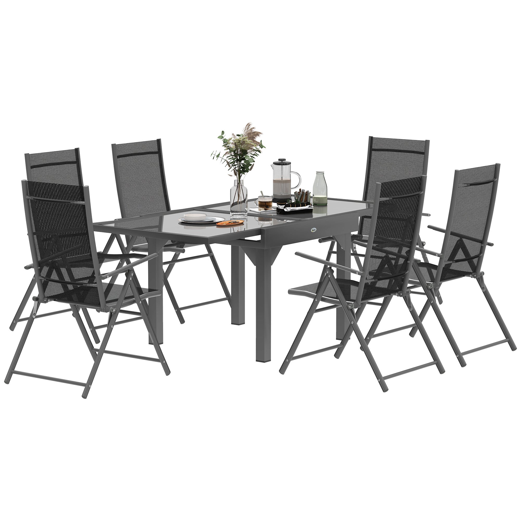 Outsunny 7 Piece Outdoor Dining Set with Extendable Table and 6 Folding Chairs for Patio, Balcony, Deck, Grey - North Peak Garden Furniture