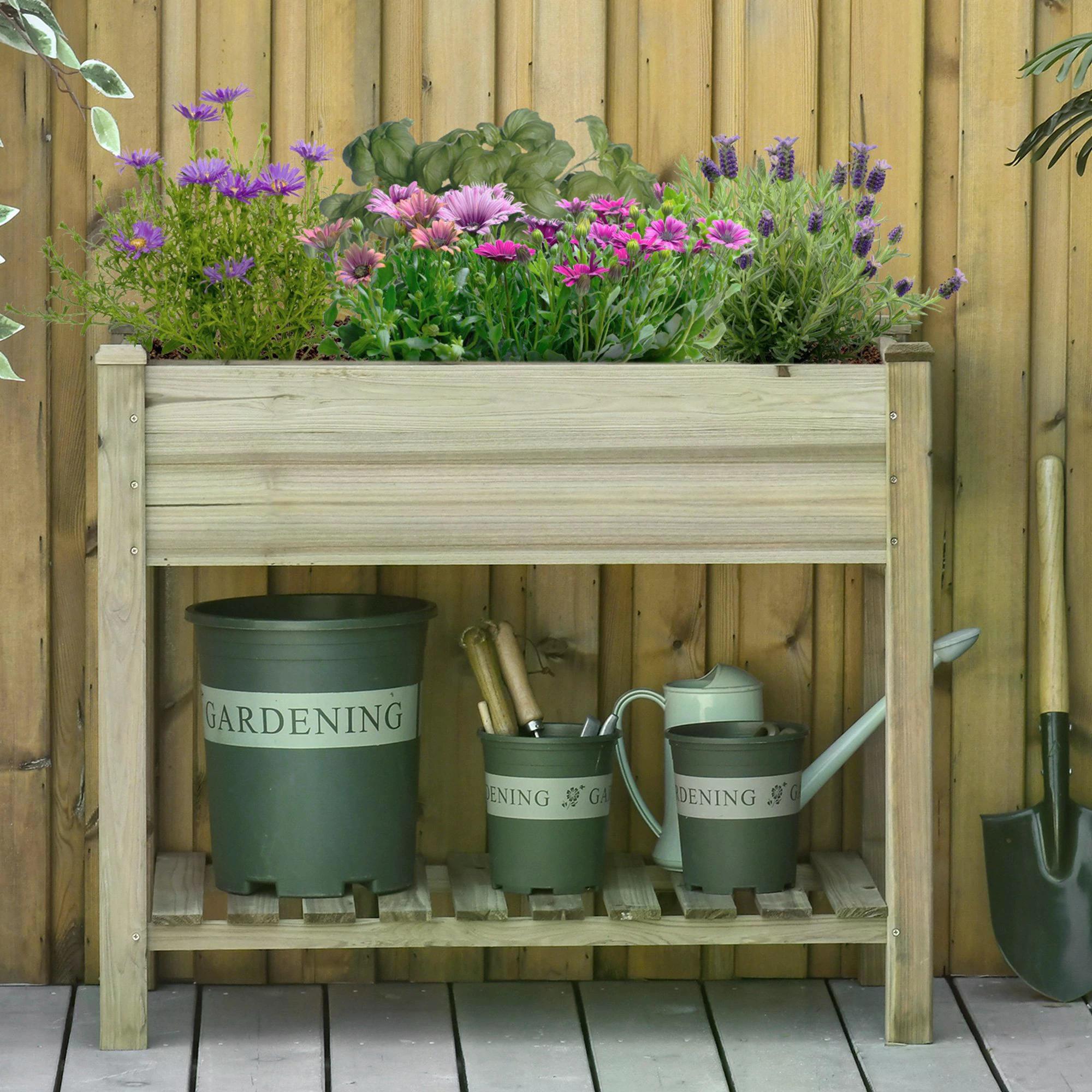 Outsunny Garden Wooden Planters, Raised Garden Bed with Legs and Storage Shelf Elevated Wooden Planter Box - North Peak Garden Furniture