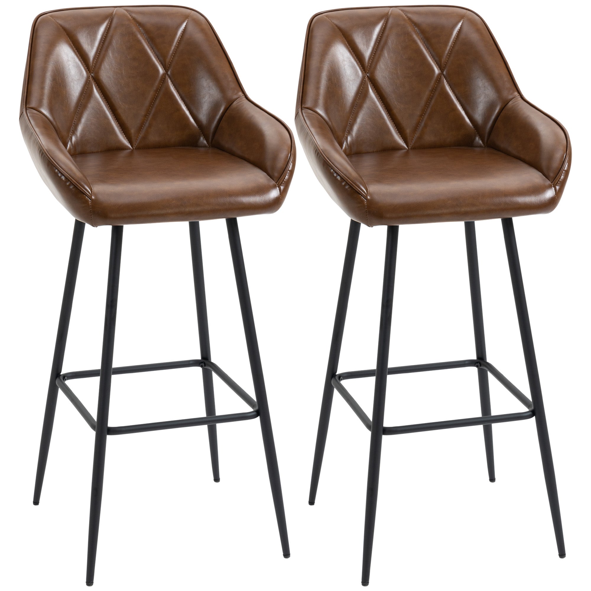 HOMCOM Retro Bar Stools Set of 2, Breakfast Bar Chairs with Footrest, Kitchen Stools with Backs and Steel Legs, for Dining Area and Home Bar, Brown - North Peak Garden Furniture