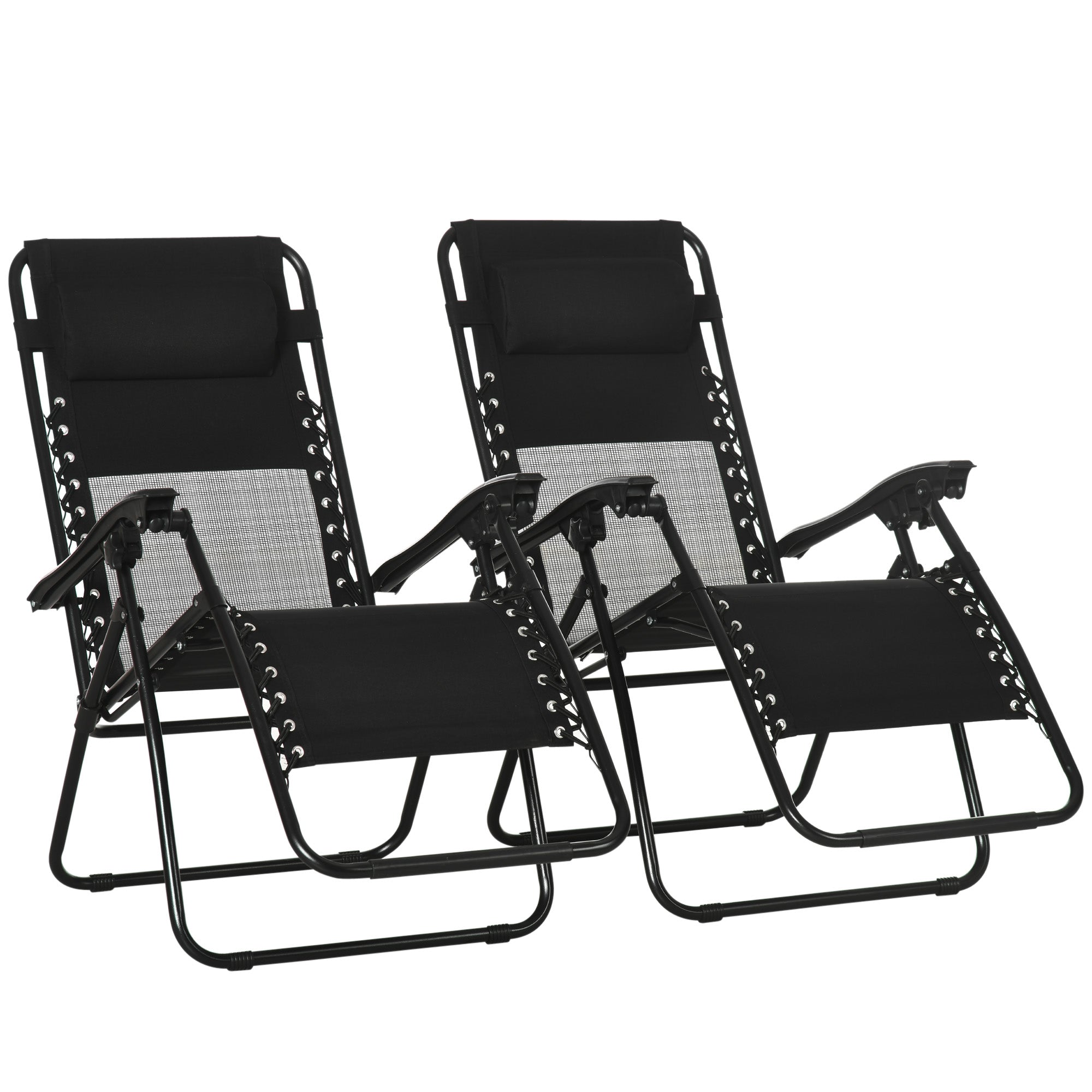 Outsunny Garden Recliner Chairs Set of 2, Outdoor Foldable Zero Gravity Chairs Set w/ Footstool and Detachable Headrest, Black - North Peak Garden Furniture