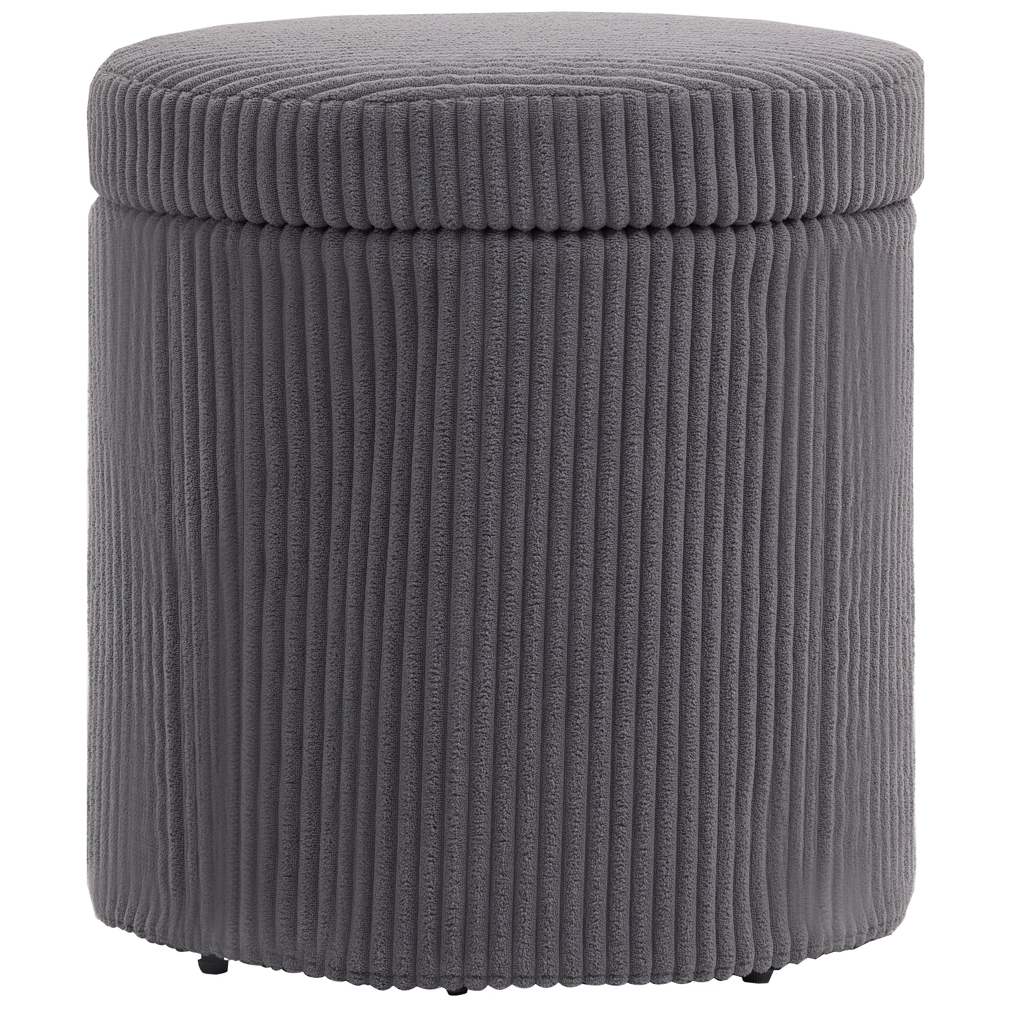 HOMCOM 40cm Round Storage Ottoman, Corduroy Footstool with Removable Lid and Legs, Vanity Stool for Living Room, Bedroom, Grey - North Peak Garden Furniture