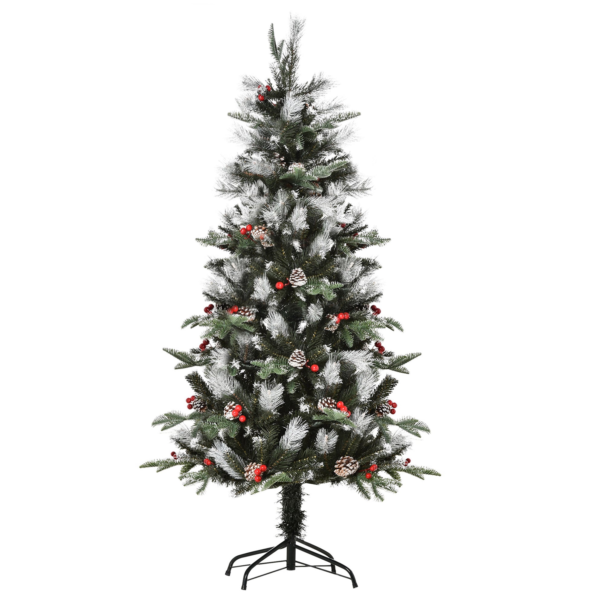 HOMCOM 5FT Artificial Snow Dipped Christmas Tree Xmas Pencil Tree Holiday Home Party Decoration with Foldable Feet Red Berries White Pinecones, Green - North Peak Garden Furniture