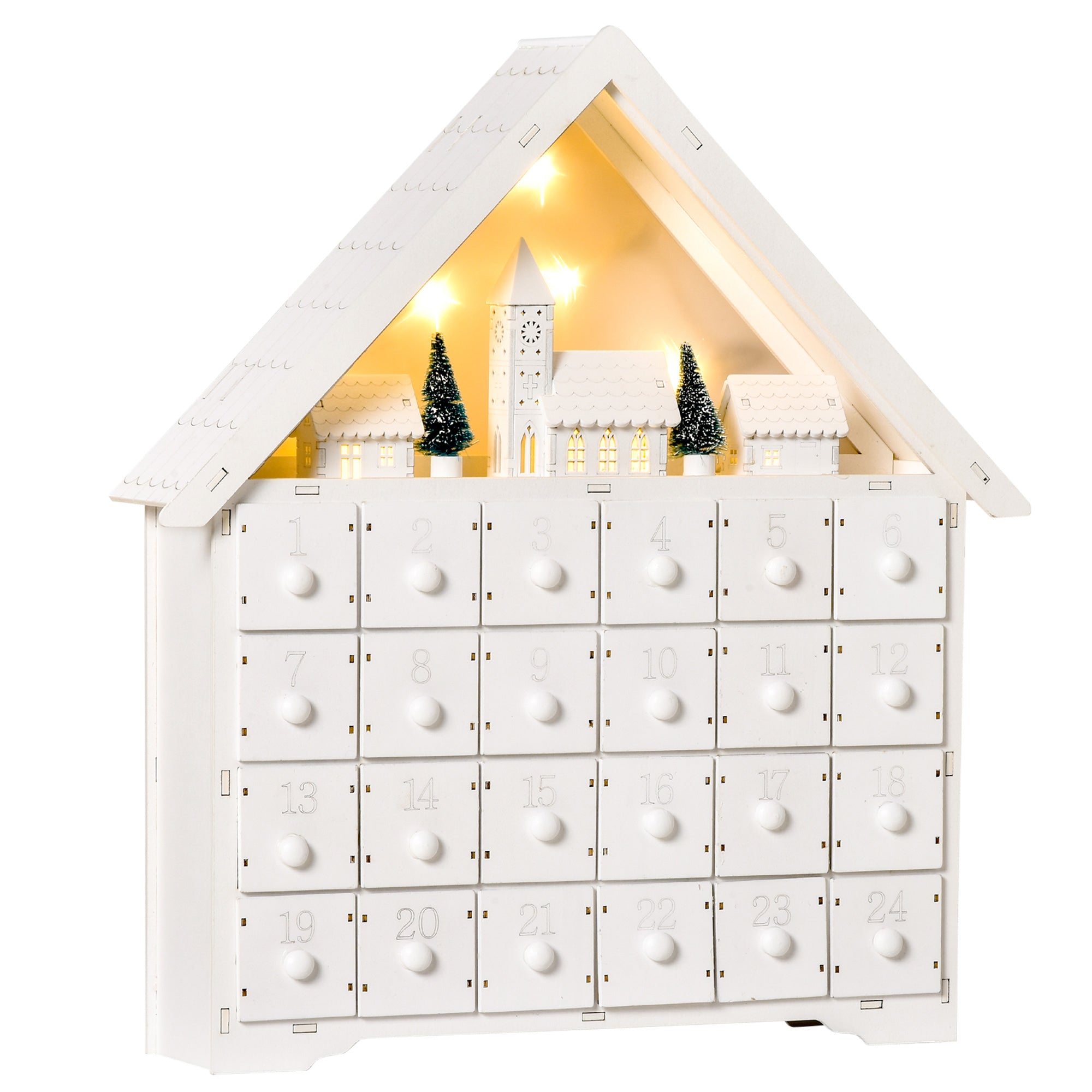 HOMCOM 24-Drawer Christmas Advent Calendar, Wooden Light-Up Traditional Decoration, Adults Kids Countdown Holiday House w/ Lights Handle White - North Peak Garden Furniture