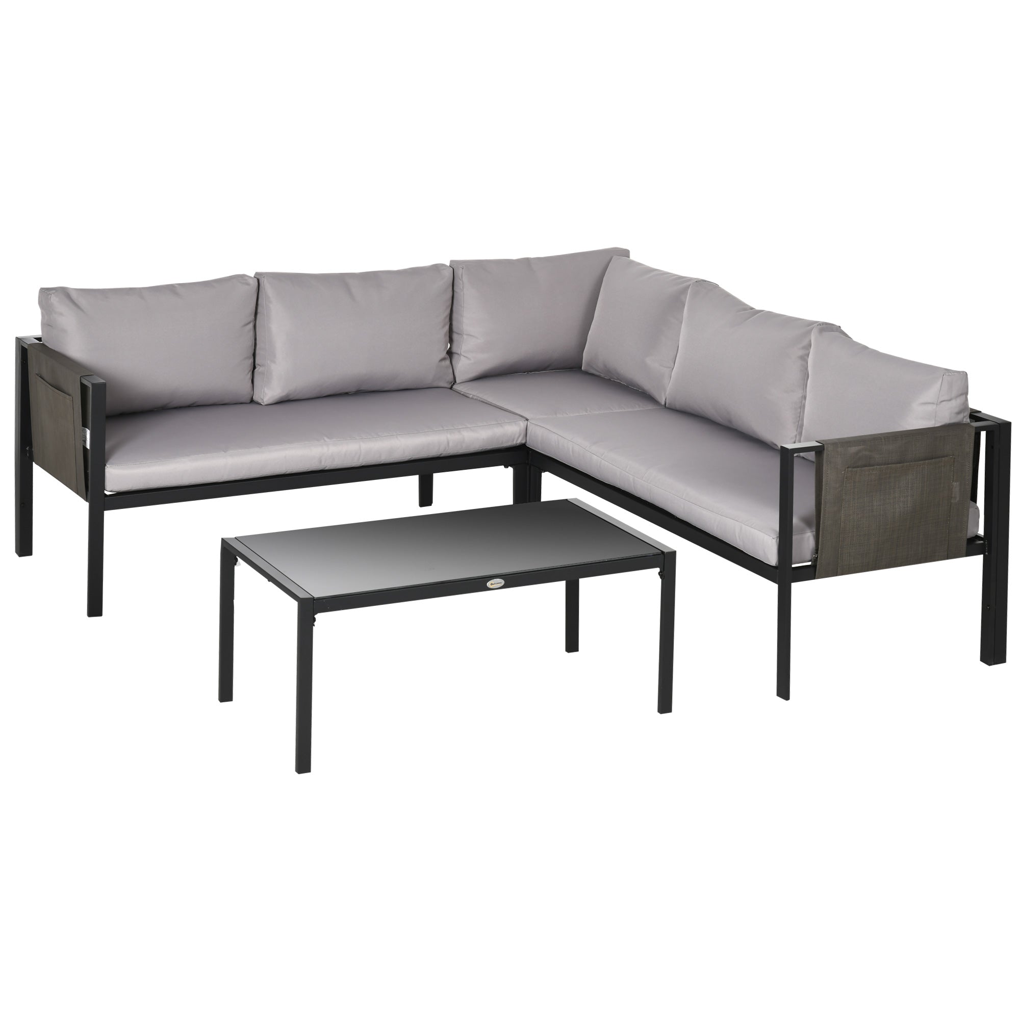 Outsunny 4 Piece Metal Garden Furniture Set with Tempered Glass Coffee Table, Breathable Mesh Pocket, Outdoor Conversational Corner Sofa Loveseat with Padded Cushions, Light Grey - North Peak Garden Furniture