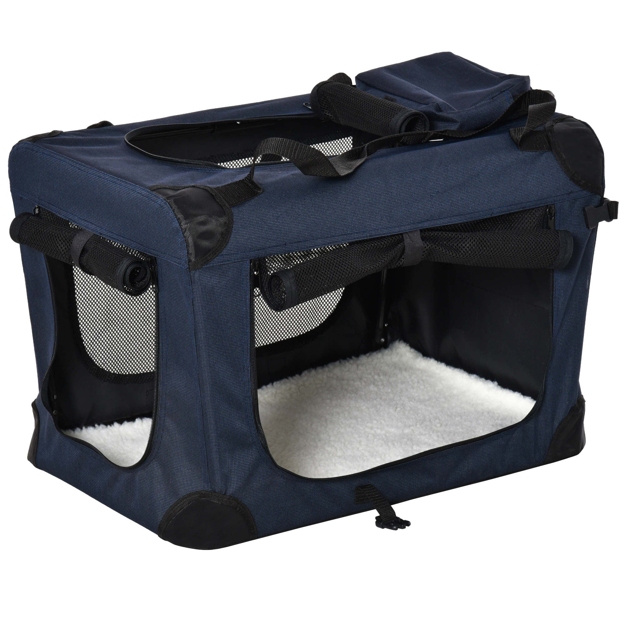 PawHut Foldable Pet Carrier for Small and Miniature Dogs, Portable Cat Carrier Soft Side Pet Travel Crate with Removable Mat, Storage Bags, Breathable Mesh 60 x 41.5 x 41cm - Dark Blue - North Peak Garden Furniture