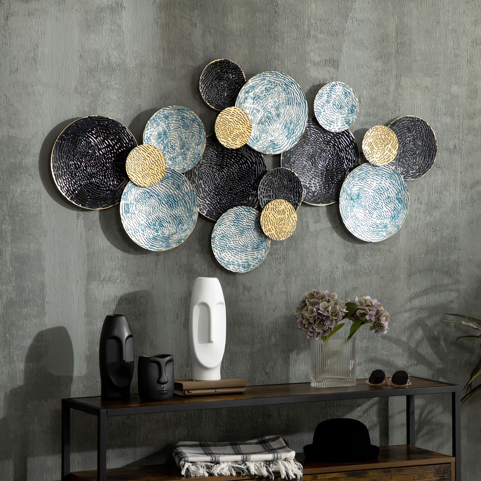 HOMCOM 3D Metal Wall Art Modern Circle Hanging Wall Sculptures Home Decor for Living Room Bedroom Dining Room, Blue Black Gold - North Peak Garden Furniture